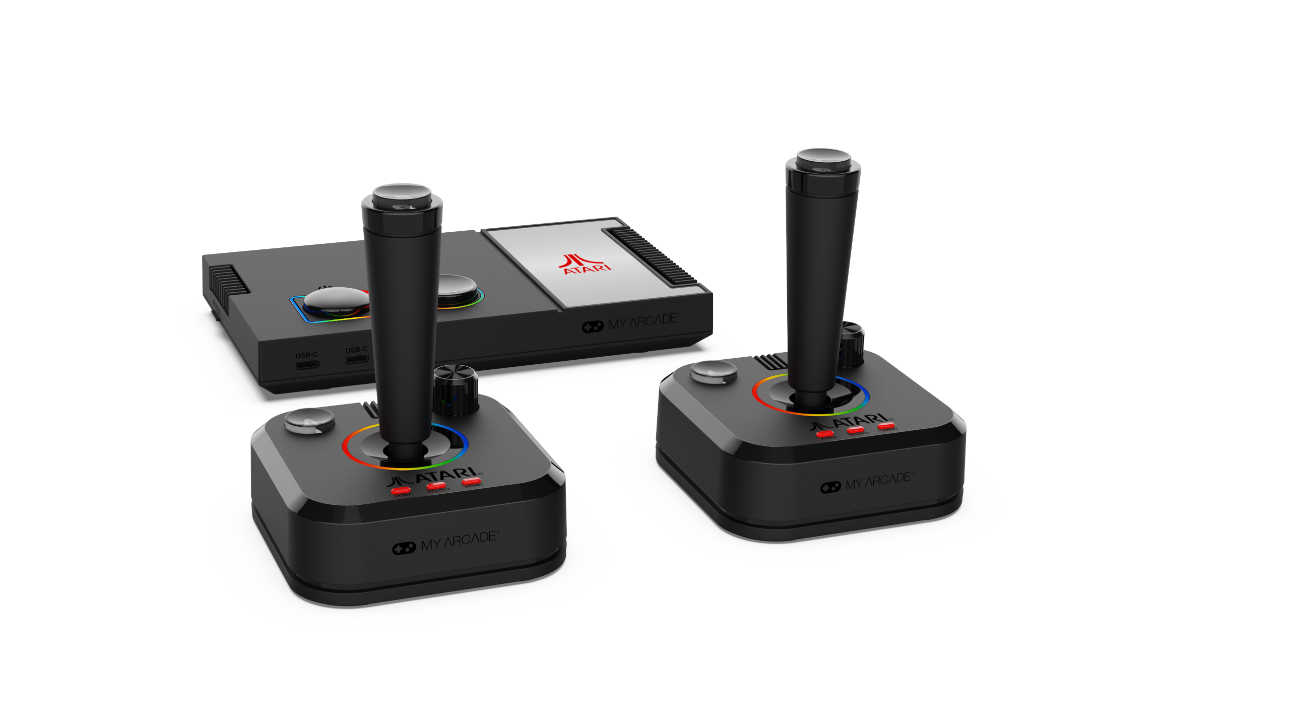 Atari MY ARCADE konsolu ve iki siyah joystick, siyah arka plan.