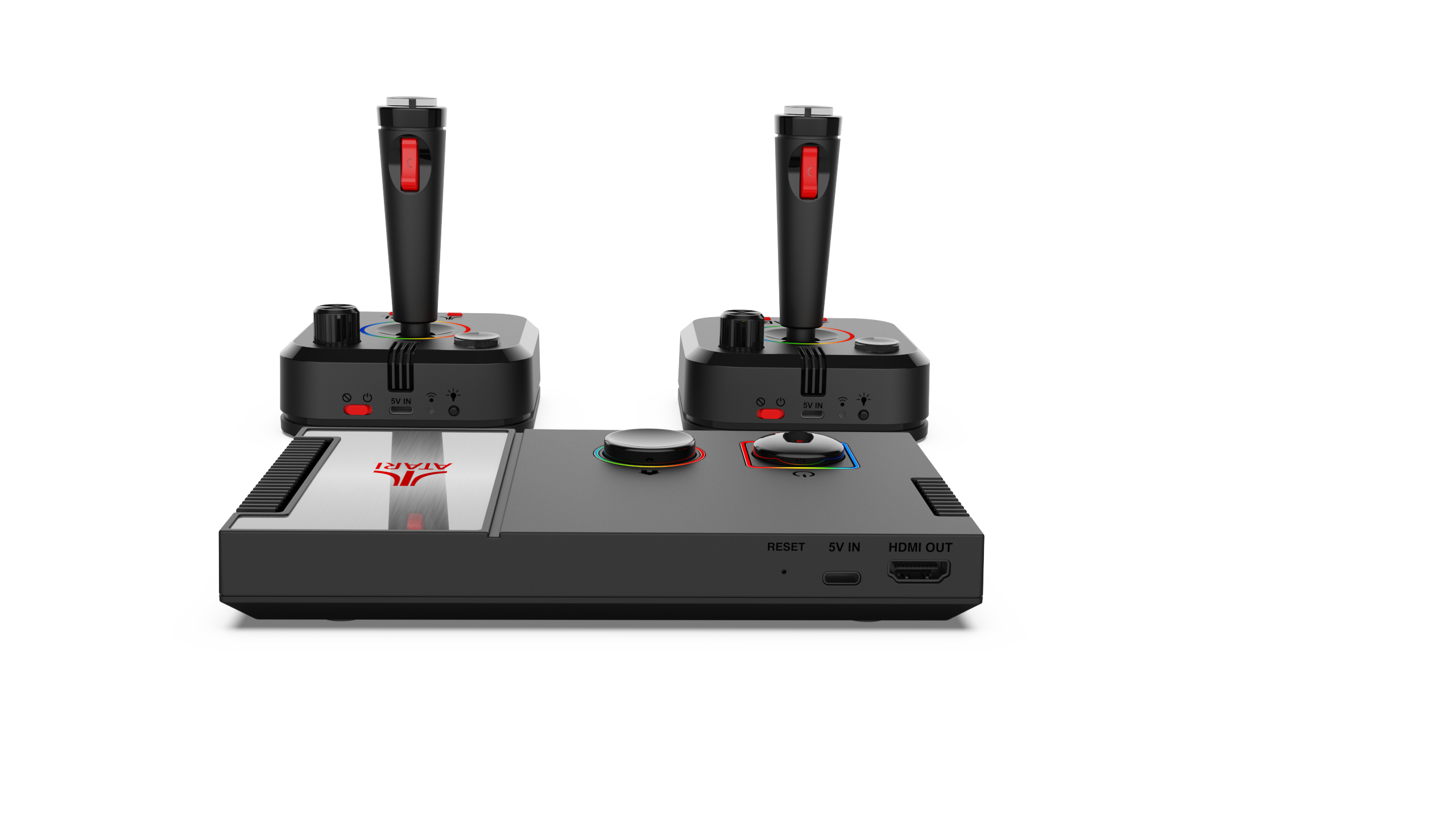 Atari logosu ile siyah bir taban üzerinde iki retro tarzı Atari joystick. HDMI çıkış portu görünür.