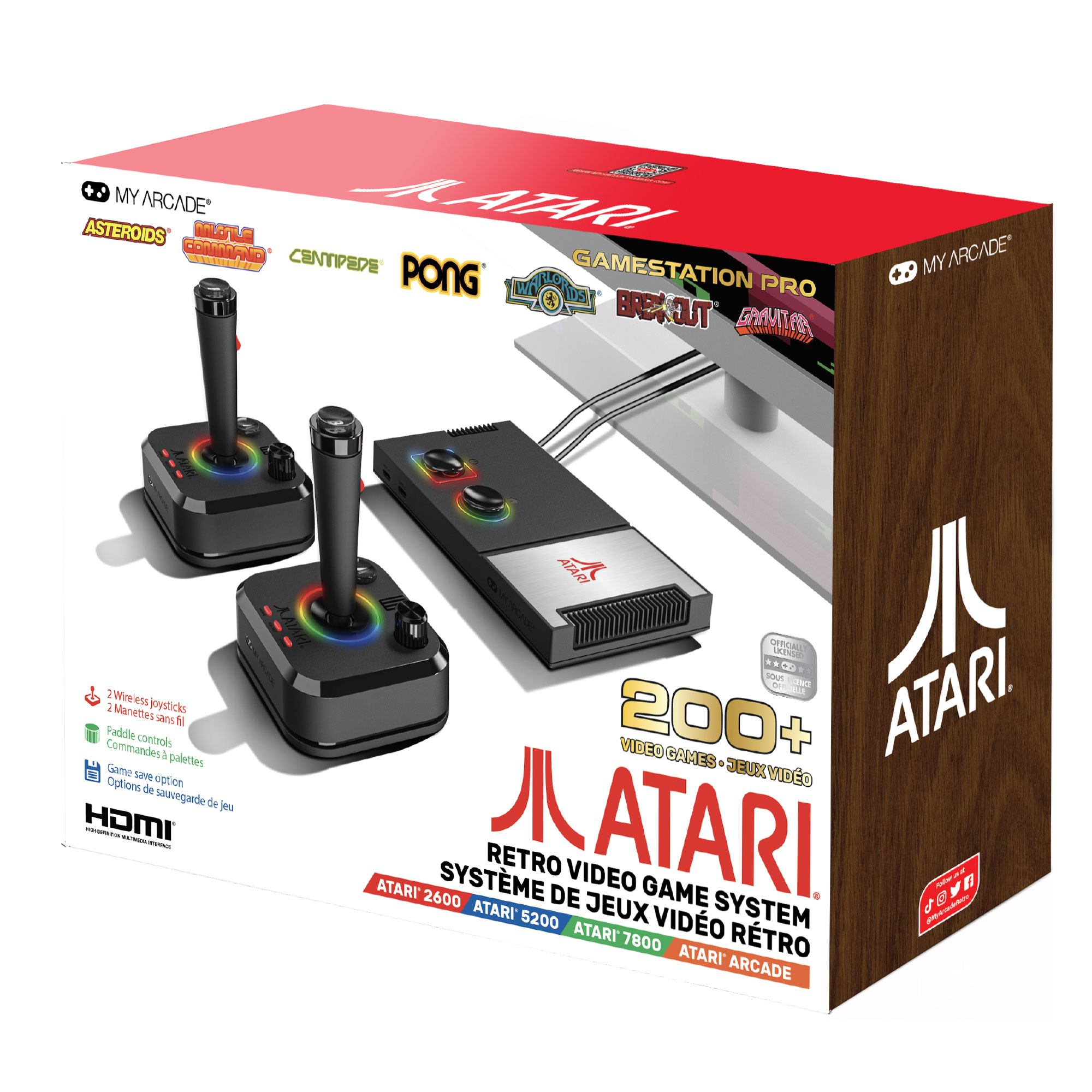 Kontrolcülerle Atari retro video oyunu sistemi kutusu. 200'den fazla video oyunu.