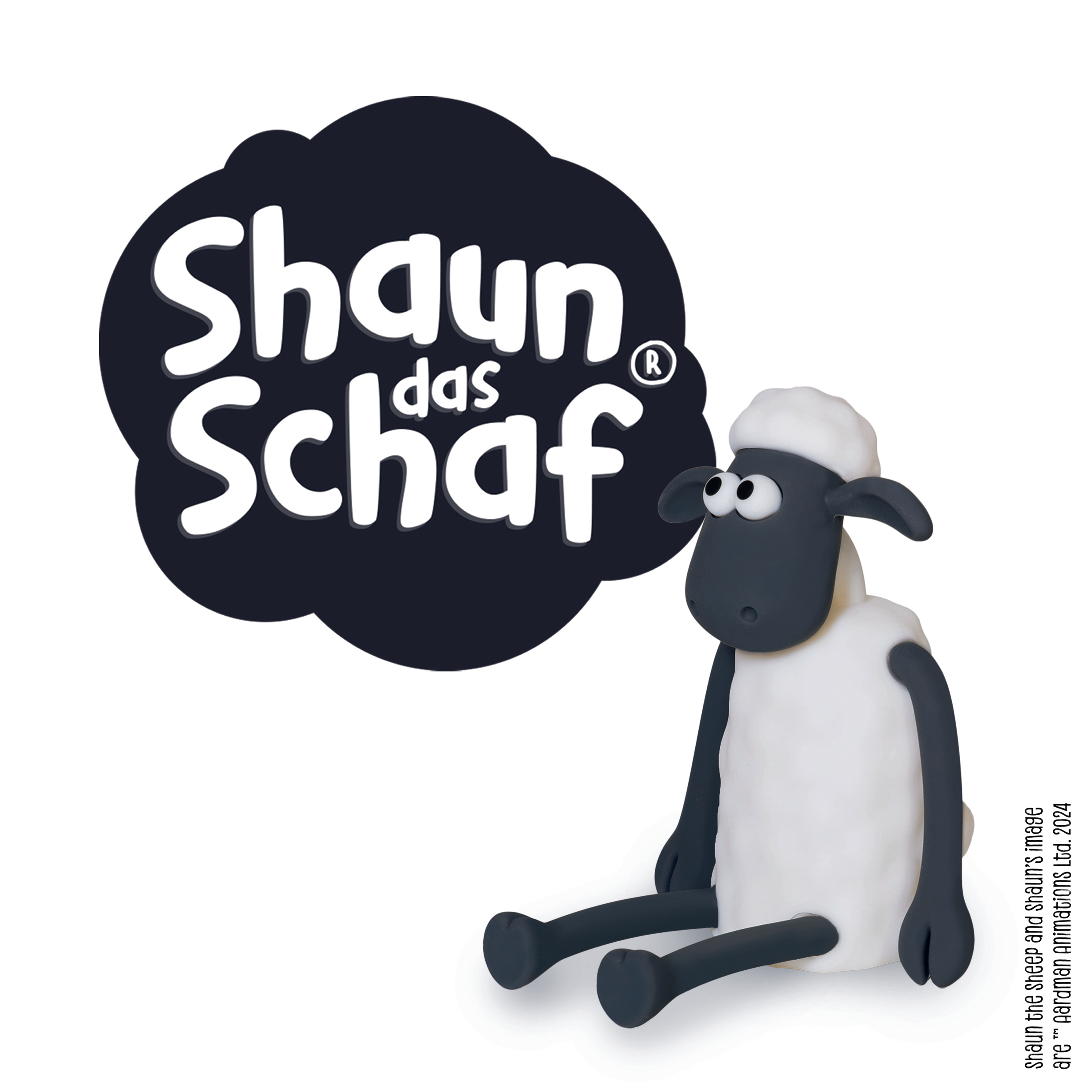 Shaun das Schaf sitzt. Das Logo ist über dem Schaf. Weißes Schaf, schwarzes Gesicht.
