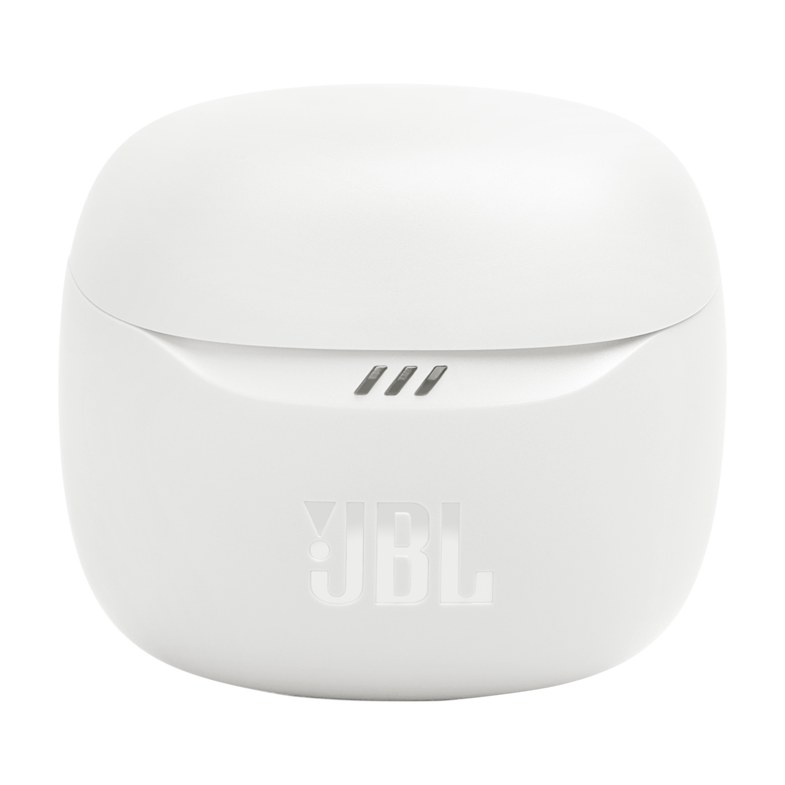 Beyaz JBL kulaklık kutusu. Yuvarlak bir şekle, JBL logosuna ve üstte üç küçük çizgiye sahip.
