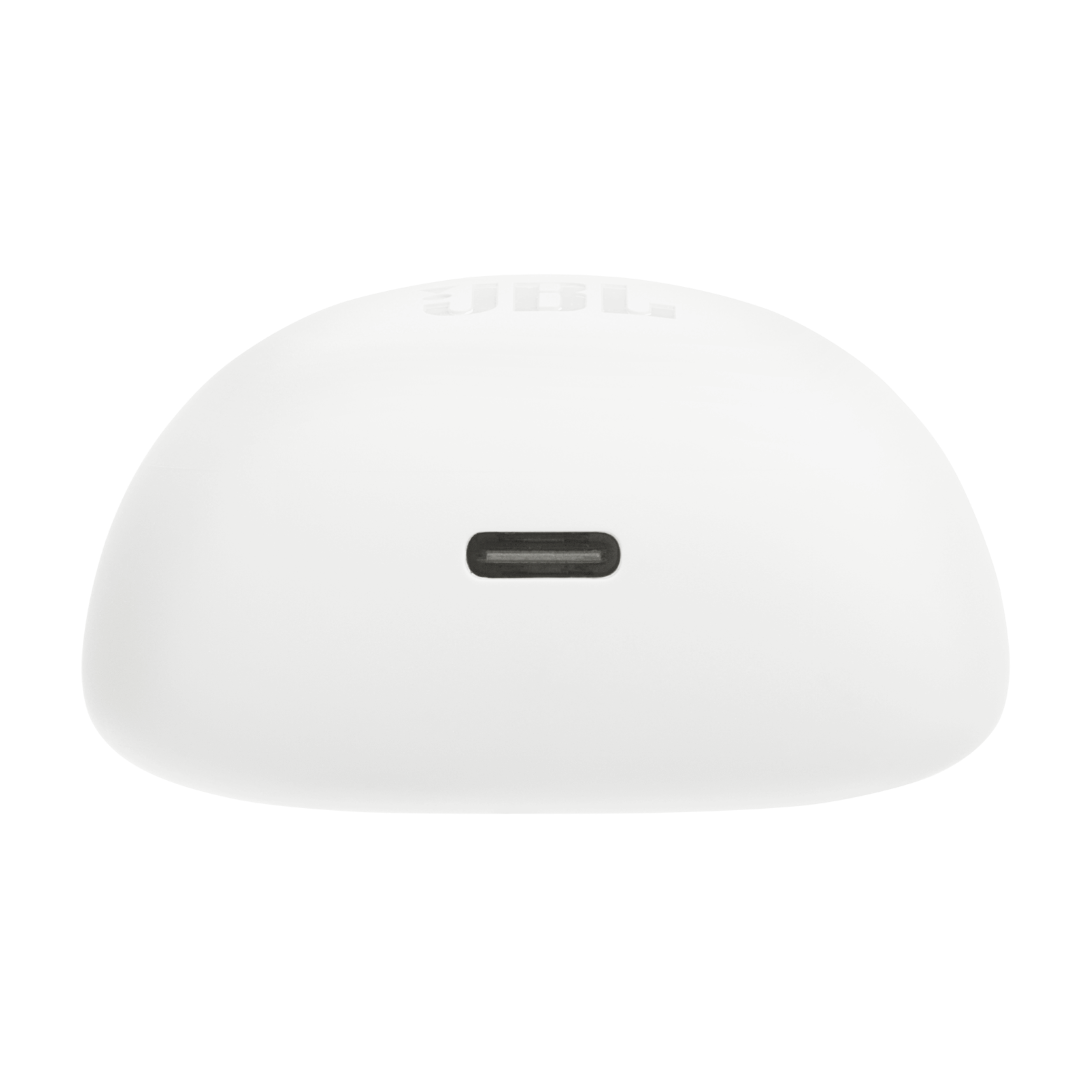 Siyah bir arka plan üzerinde bir USB-C bağlantı noktasına sahip beyaz bir şarj kutusu.