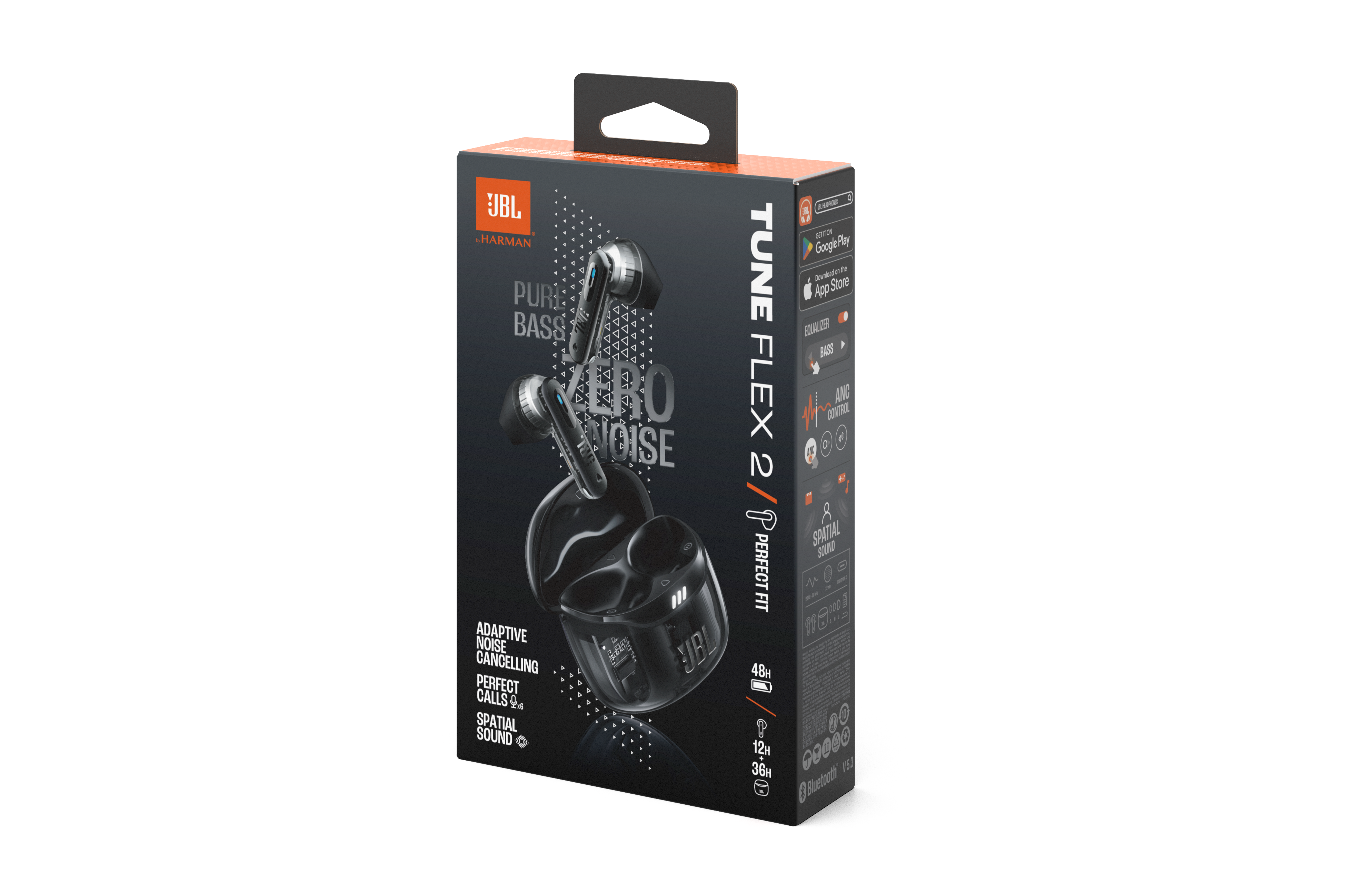 Beyaz yüzeyde JBL Tune Flex 2 kulaklık kutusu. Kulaklık görüntüsü ve özellikleri görüntülenir. Siyah arka plan.