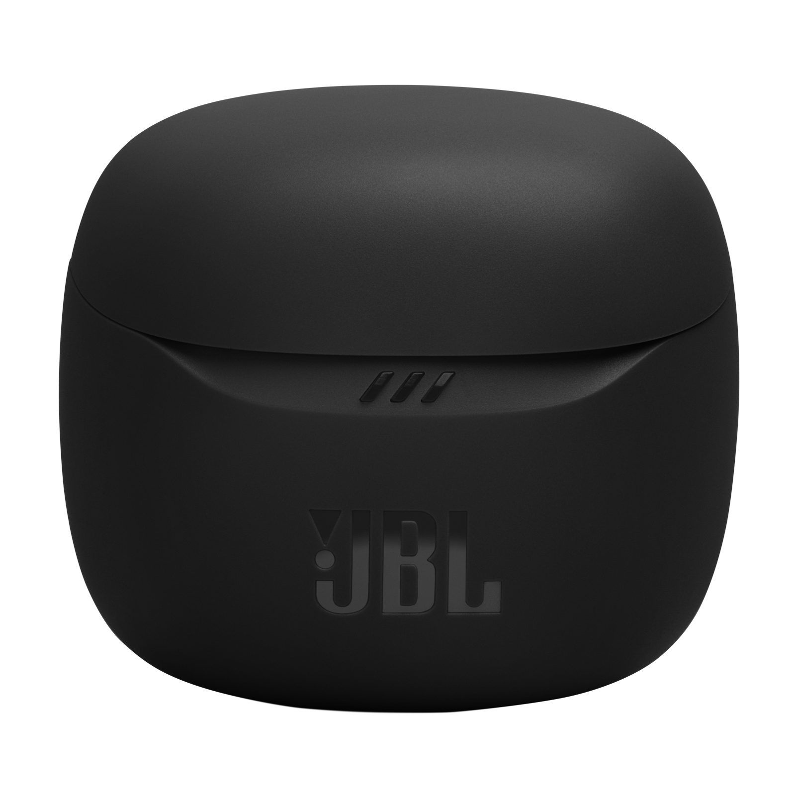 JBL logosunun kabartmalı olduğu siyah JBL kulaklık şarj kutusu. Siyah arka plan.
