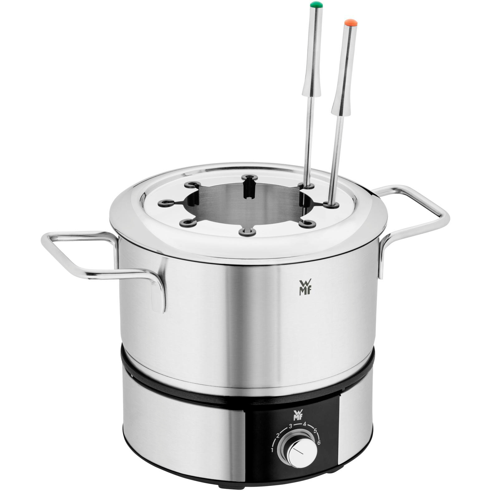 Fondue-Topf mit zwei Spießen. Der Topf ist aus Edelstahl, mit schwarzem Sockel und Drehregler.