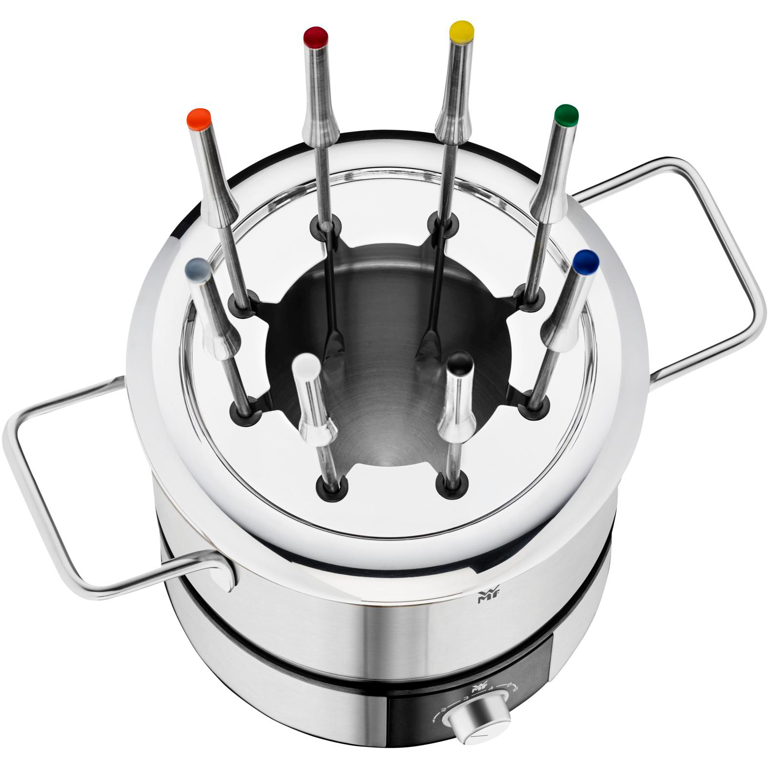 Ein Fondue-Topf mit bunten Gabeln, von oben betrachtet.