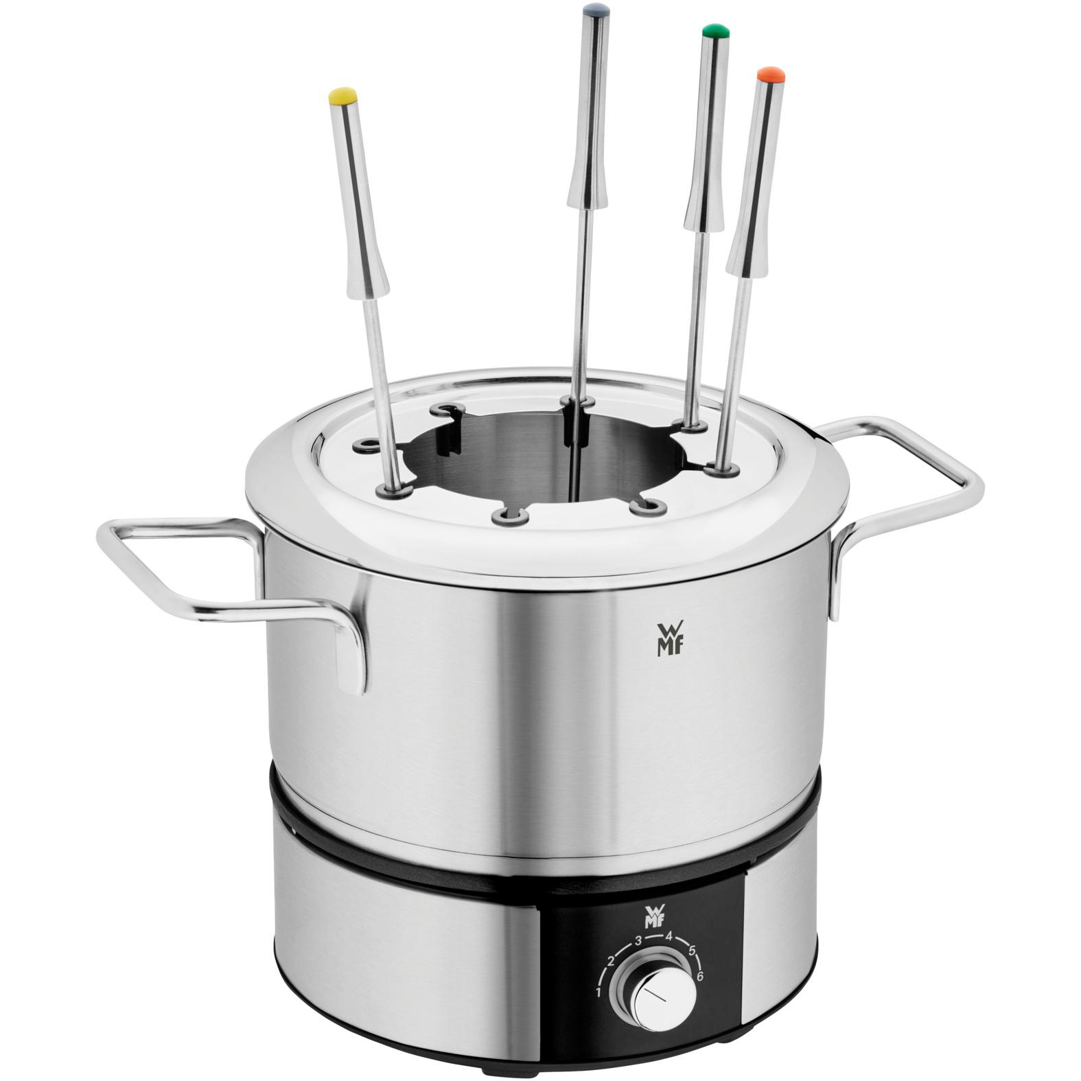 Fondue-Set aus Edelstahl mit Gabeln, schwarzem Sockel und Temperaturregler.