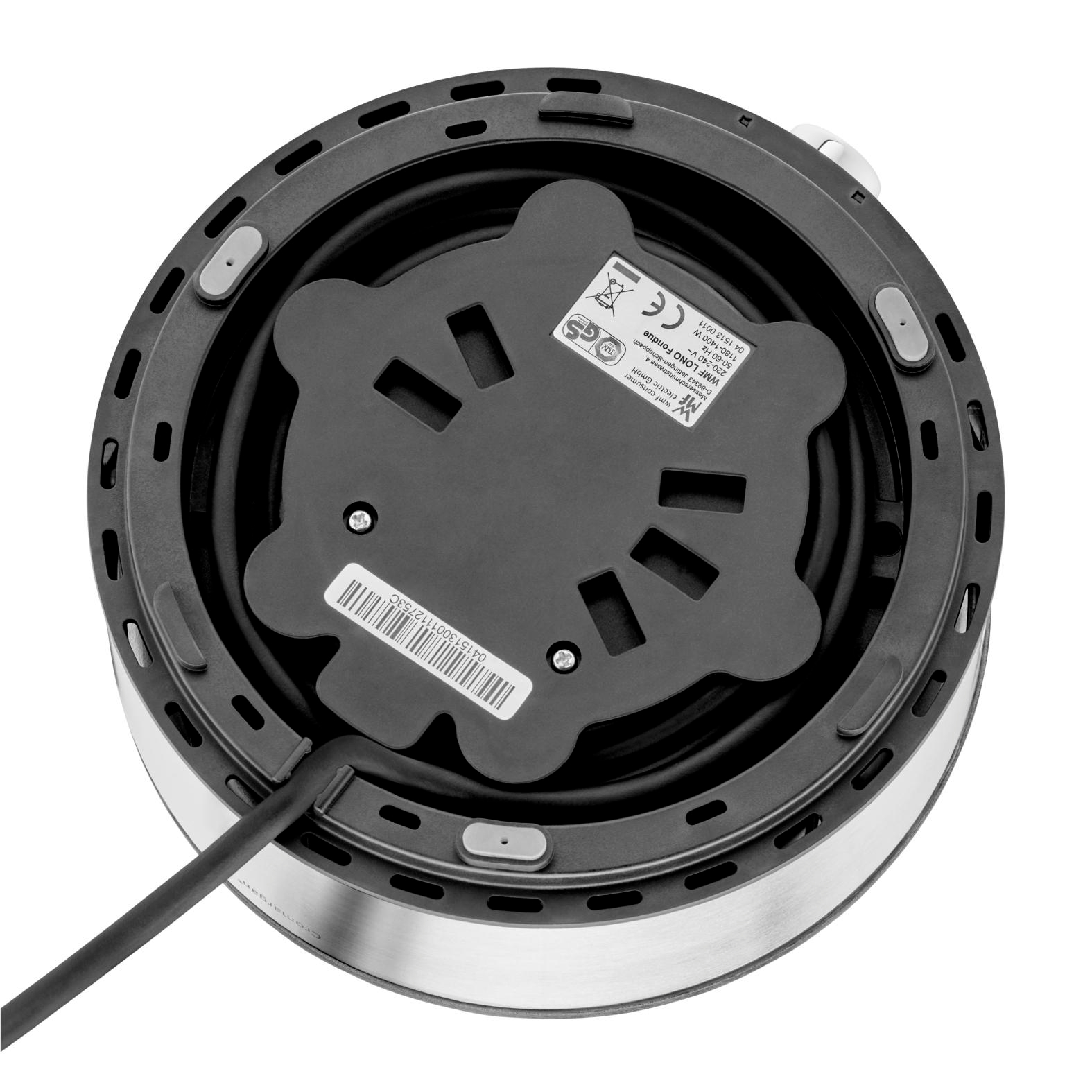 Unteransicht eines Fondue-Sets. Zeigt die Basis mit Netzkabel und internen Komponenten.