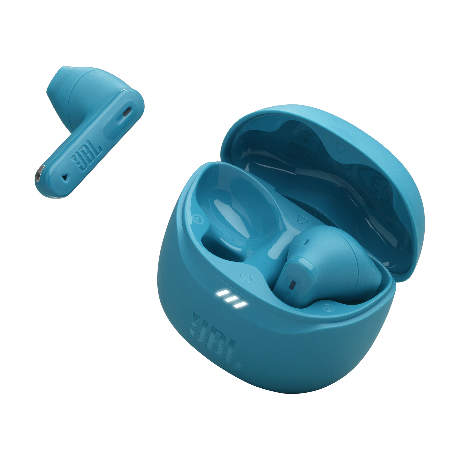 Siyah bir arka plan üzerinde turkuaz JBL Tune Beam kulaklıkları ve şarj kutusu.