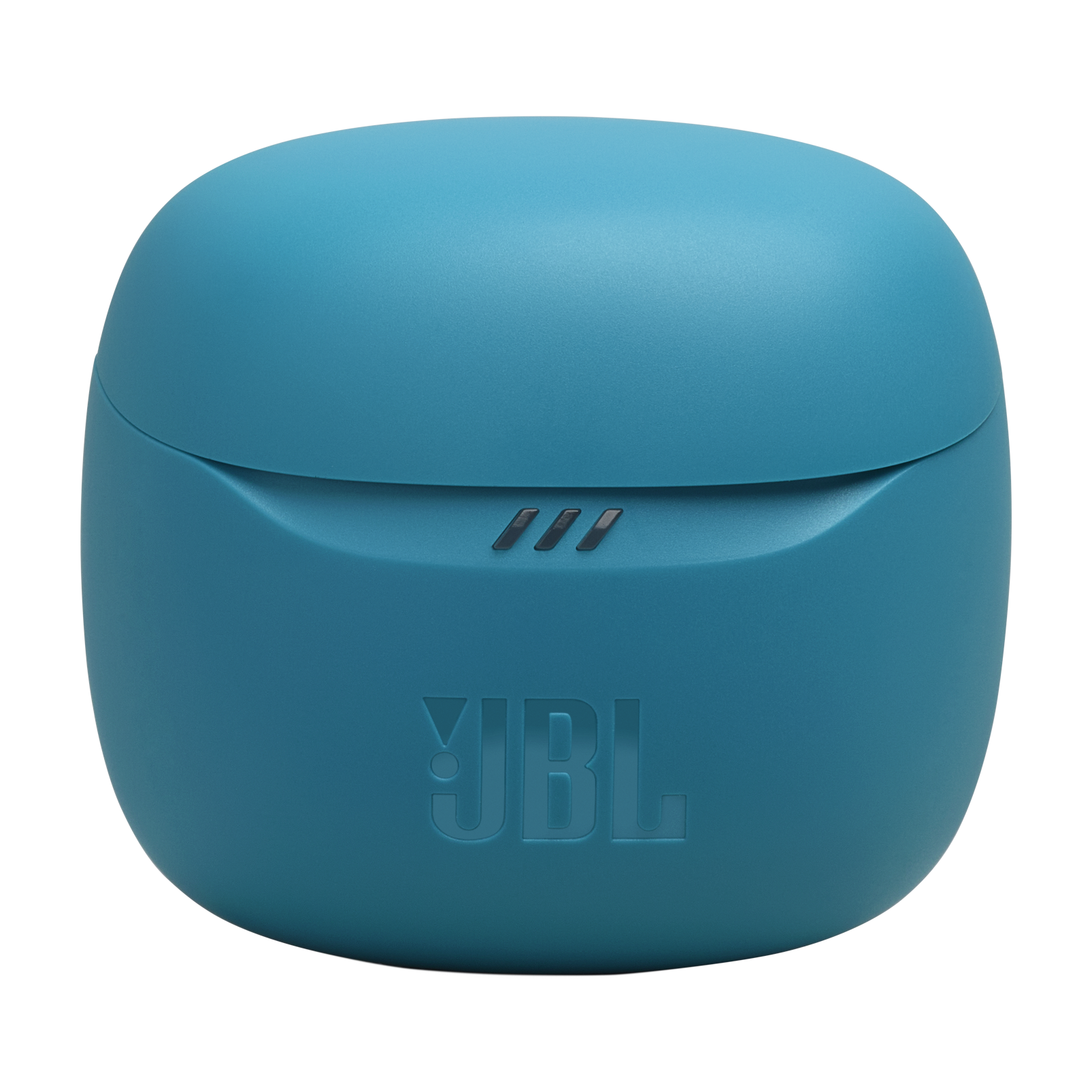 JBL logosu ve üç çizgi görünen, kapalı mavi bir şarj kutusu.