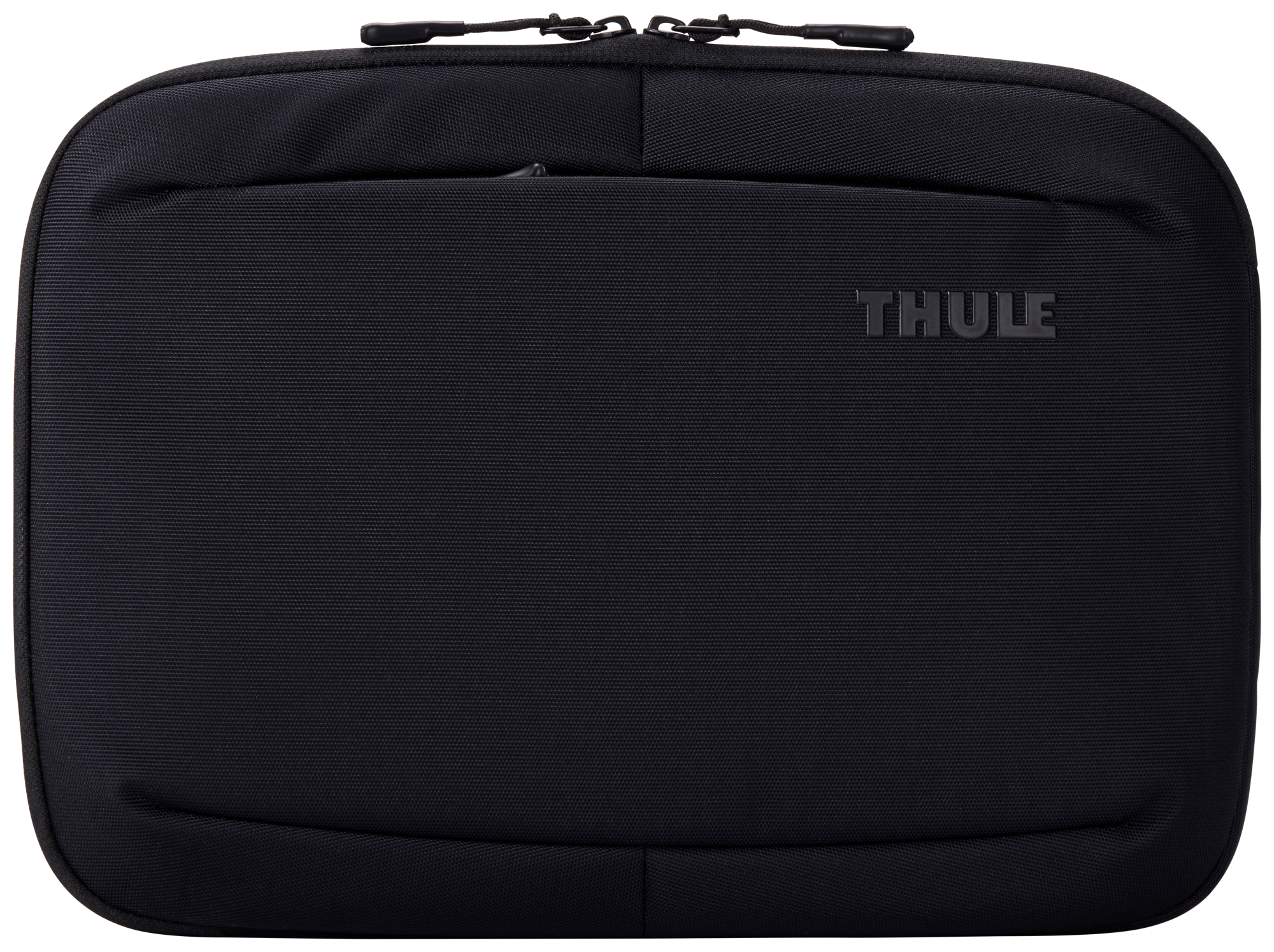 Siyah fermuarlı ve Thule logolu siyah Thule laptop çantası.