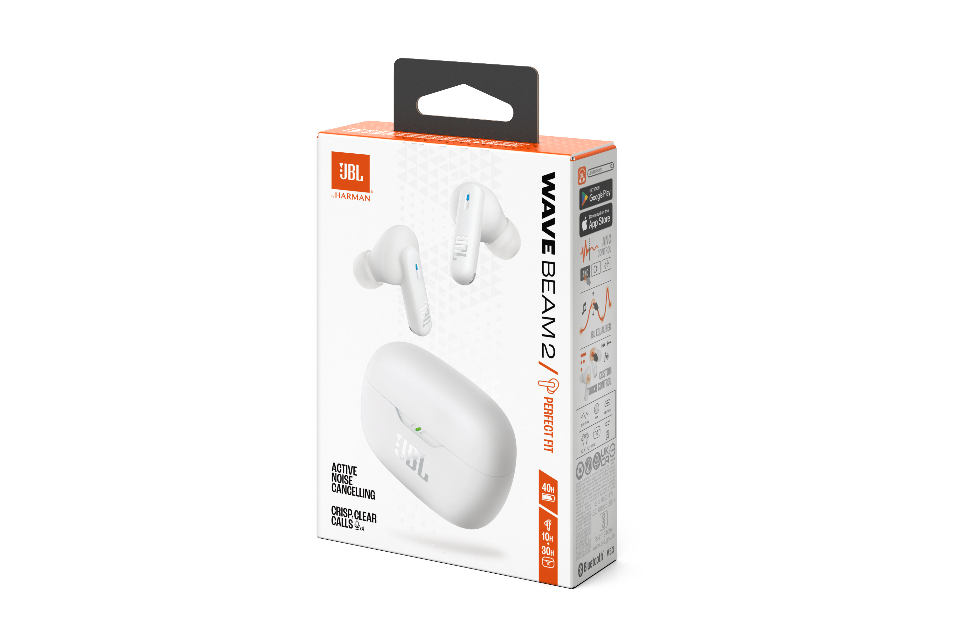 Beyaz arka plan üzerinde beyaz JBL Wave Beam 2 kulaklık kutusu. Kutu resimler ve metin içeriyor.