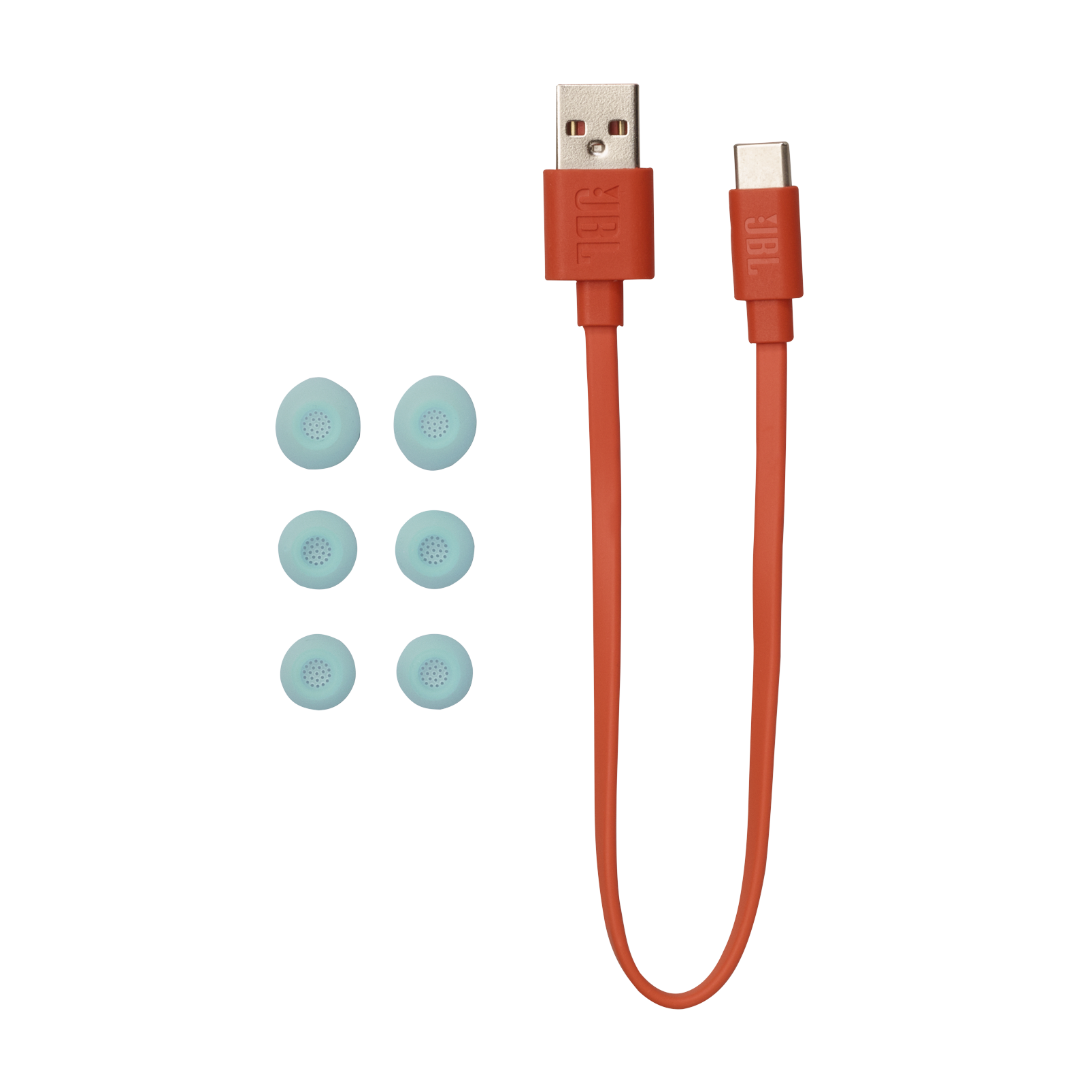 Turuncu kablo, USB ve USB-C konektörleri ve mavi kulak uçları.