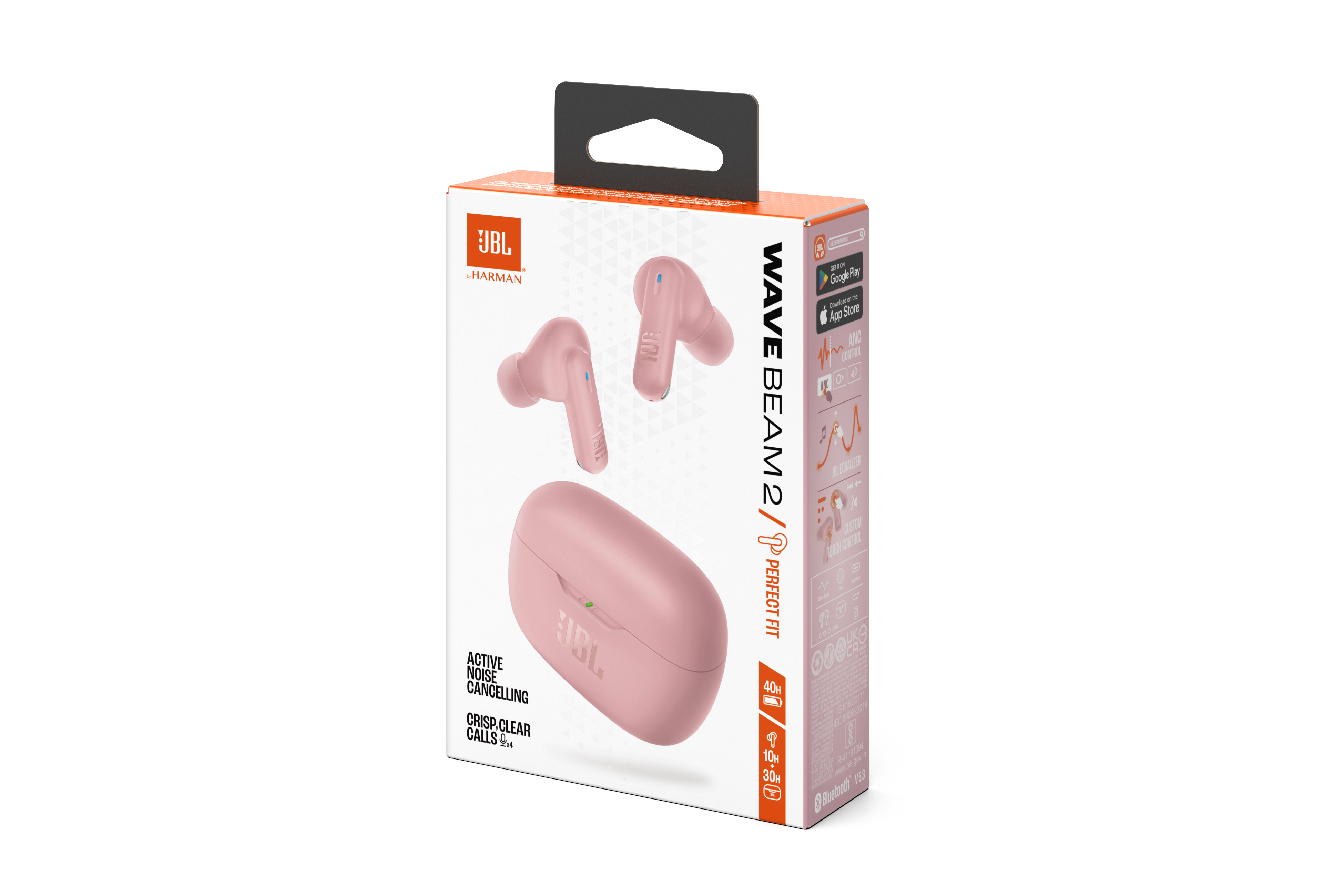 Pembe JBL Wave Beam 2 kulaklık kutusu, ürün resmi ve metinle.