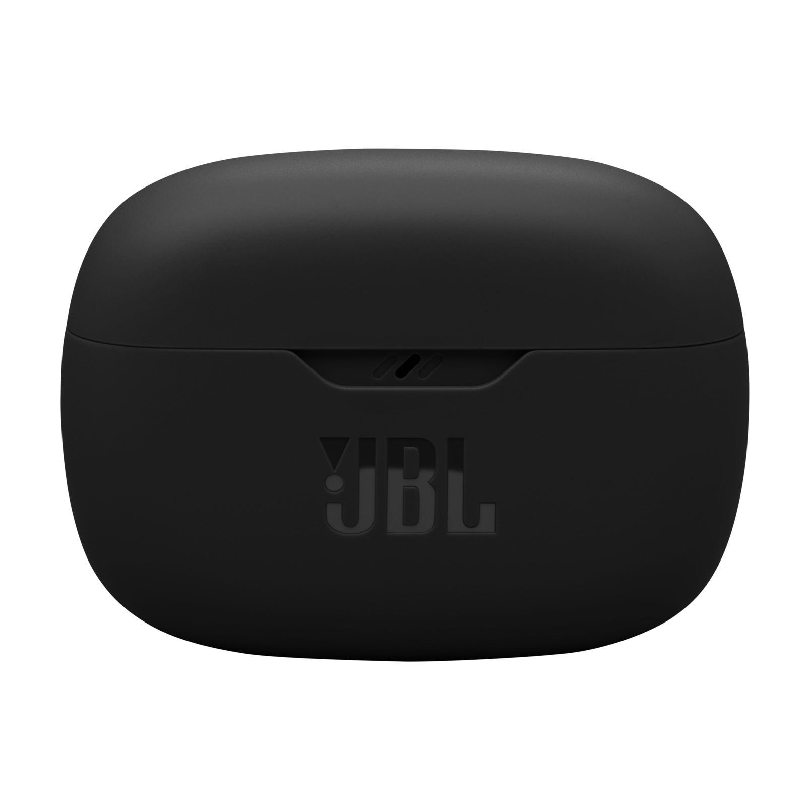Siyah JBL kulaklık şarj kutusu, kapalı. JBL logosu görünür.