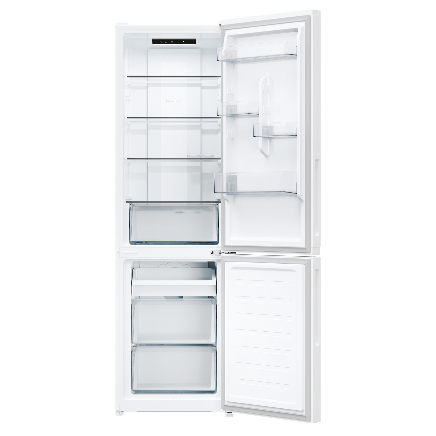Refrigerador blanco abierto. El interior muestra estantes, cajones y compartimentos, vacíos.