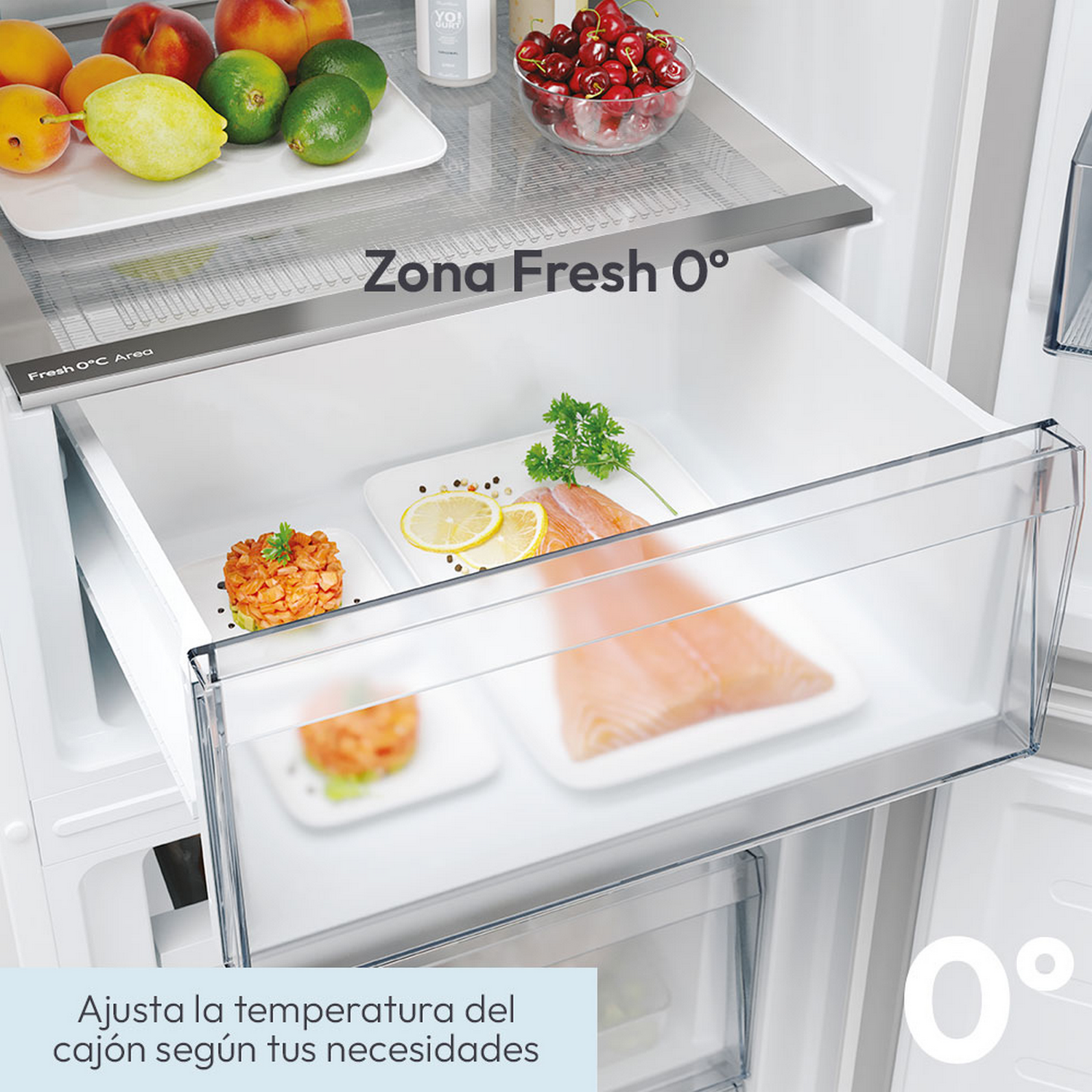 Cajón del refrigerador con alimentos: pescado, limones y un plato. Texto en español sobre ajuste de temperatura.