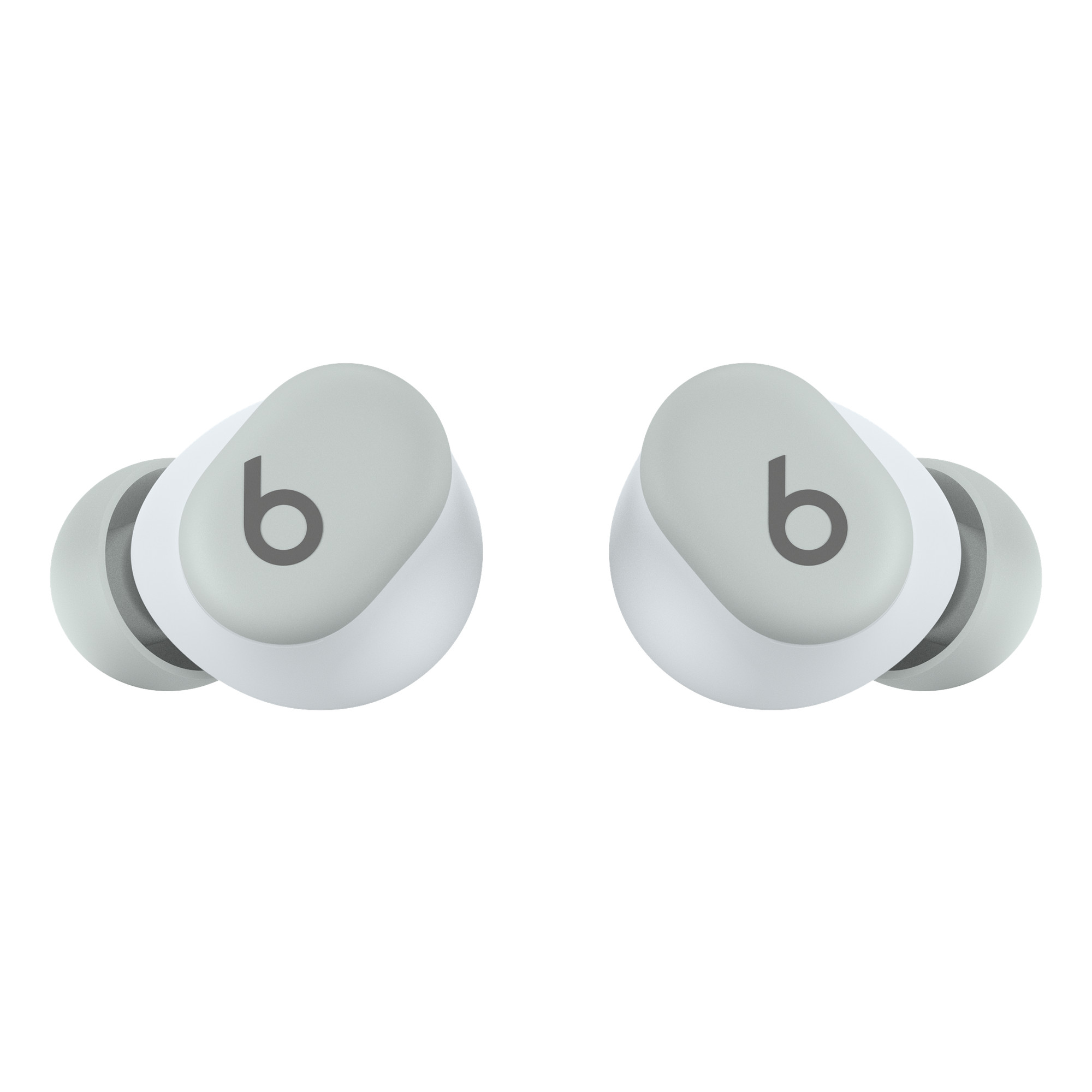 İki Beats Studio Buds, beyaz gri vurgularla, yan görünüm.