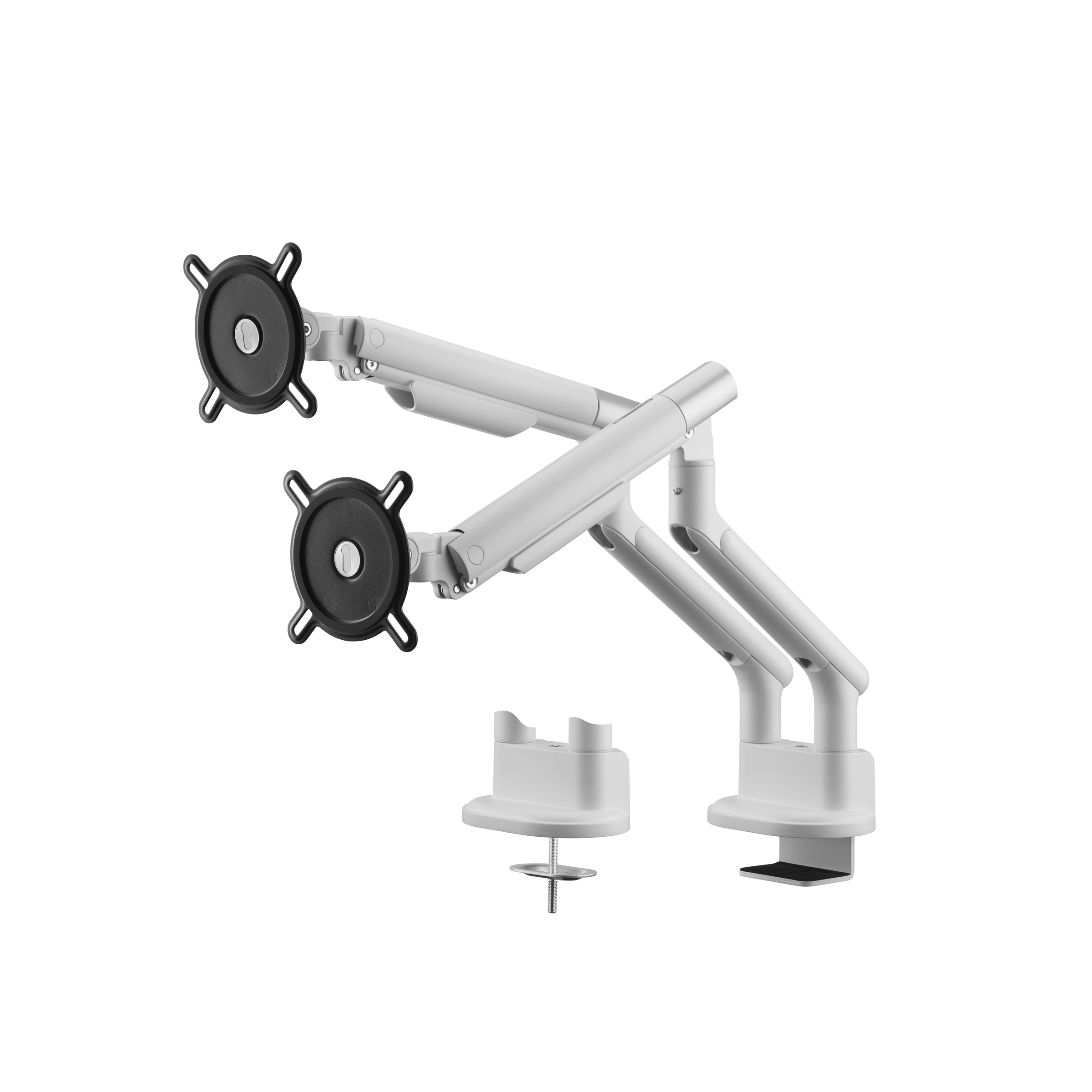 Doppelmonitor-Armhalterung, weiß, mit zwei Monitorhalterungen und einer Schreibtischklemme.