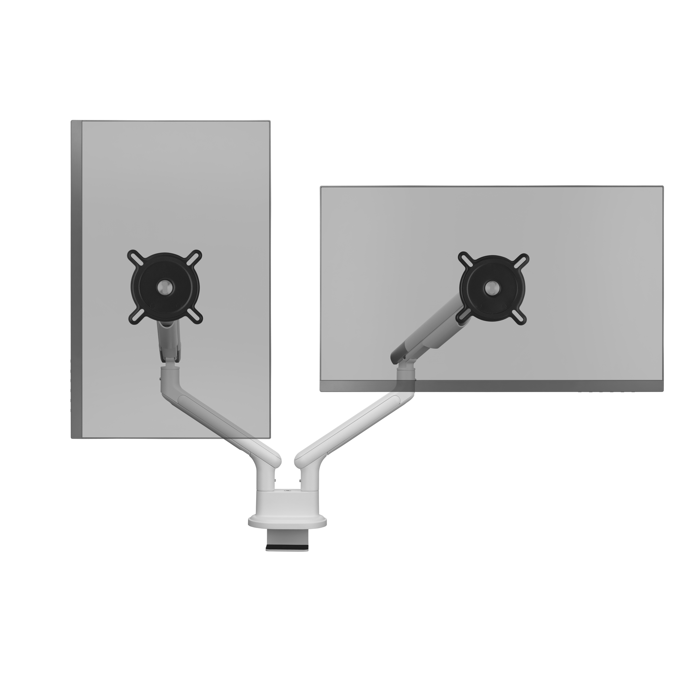 Draufsicht auf zwei Monitore, die an einem weißen Arm montiert sind.