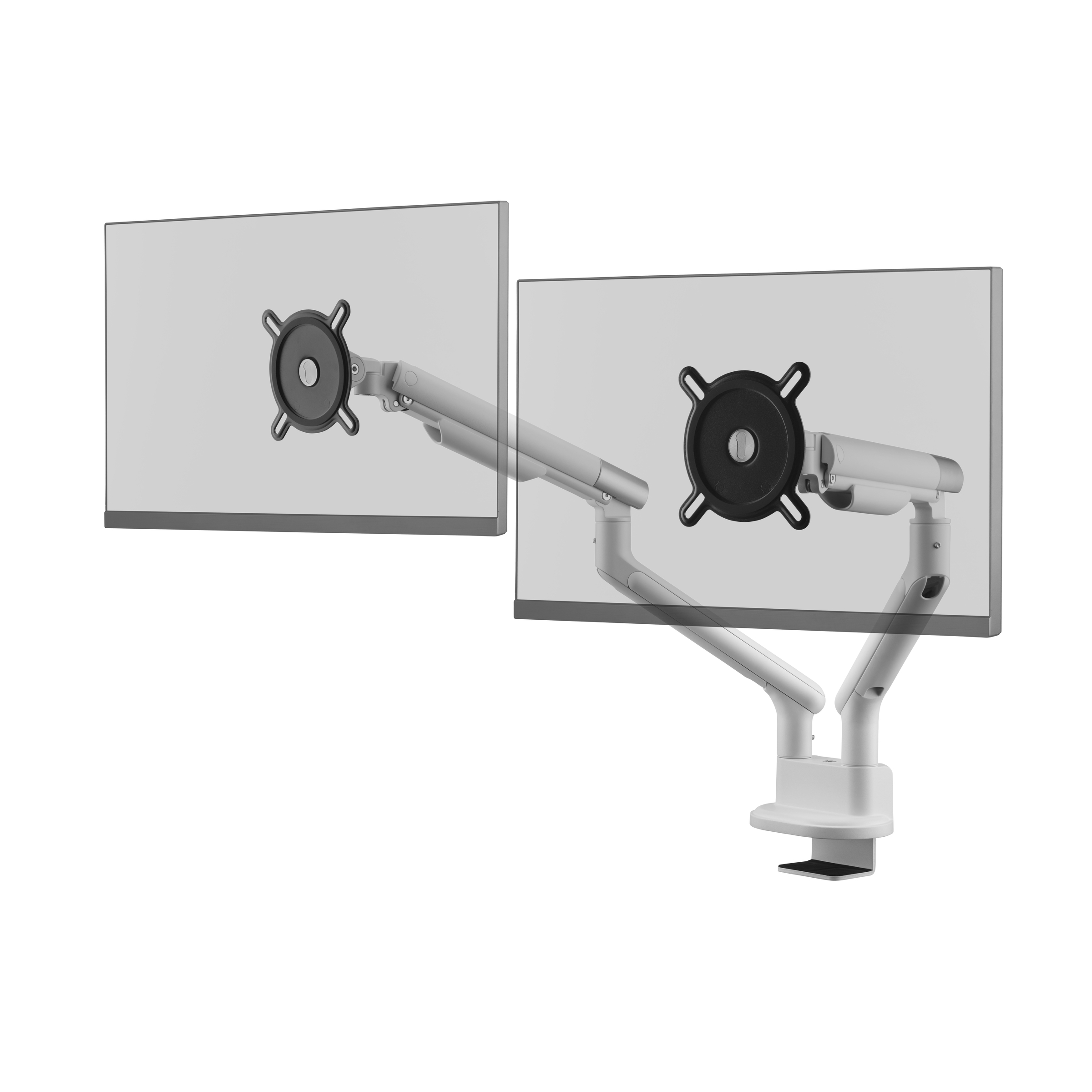 Zwei Computermonitore, die an einer weißen Halterung montiert sind. Die Halterung ist an einem Schreibtisch befestigt.