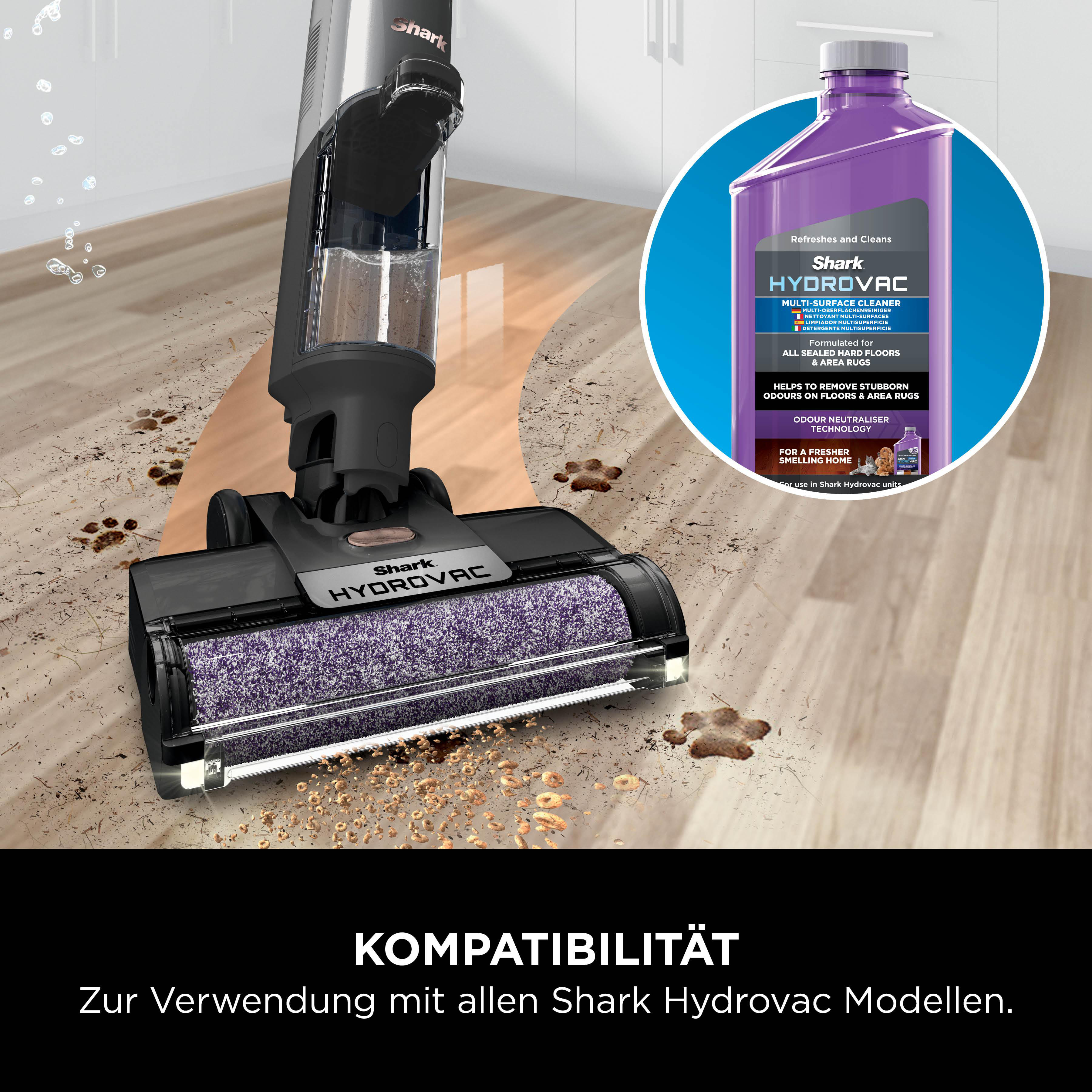 Ein Shark Hydrovac Staubsauger wird gezeigt, wie er einen Holzboden reinigt.