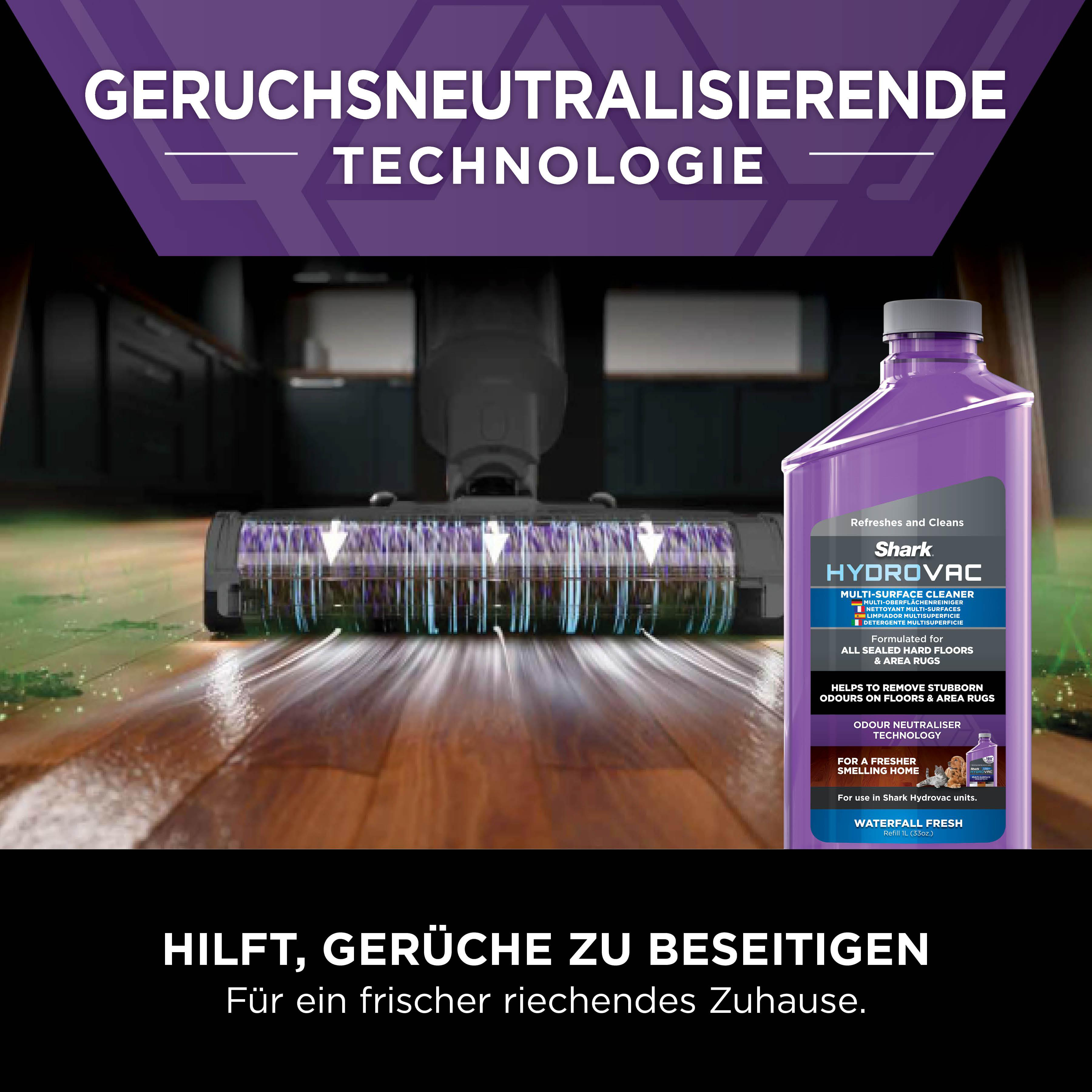 Shark Hydrovac Reiniger mit Text auf Deutsch, lila Flasche.