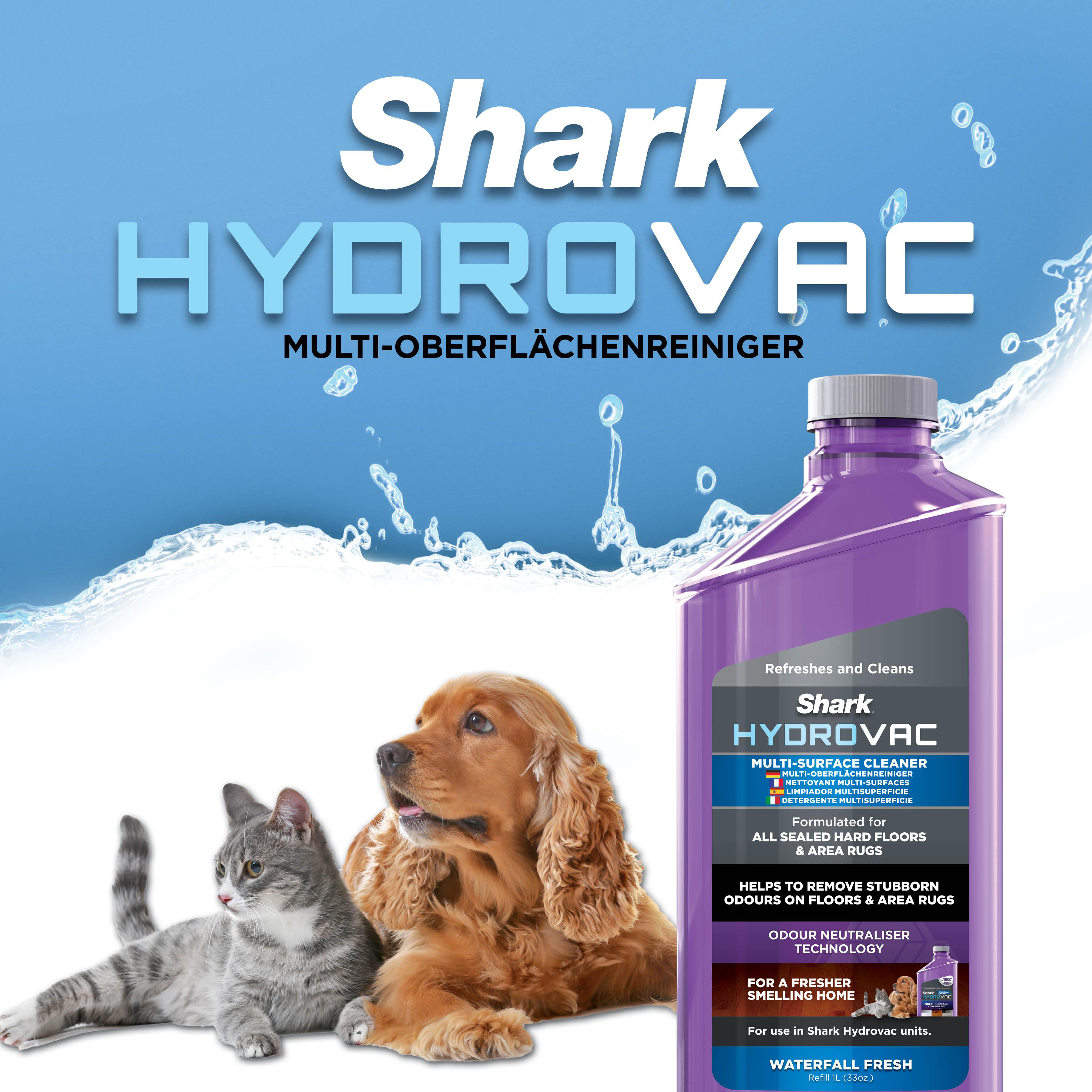 Shark Hydrovac Reiniger mit Katze und Hund, lila Flasche.