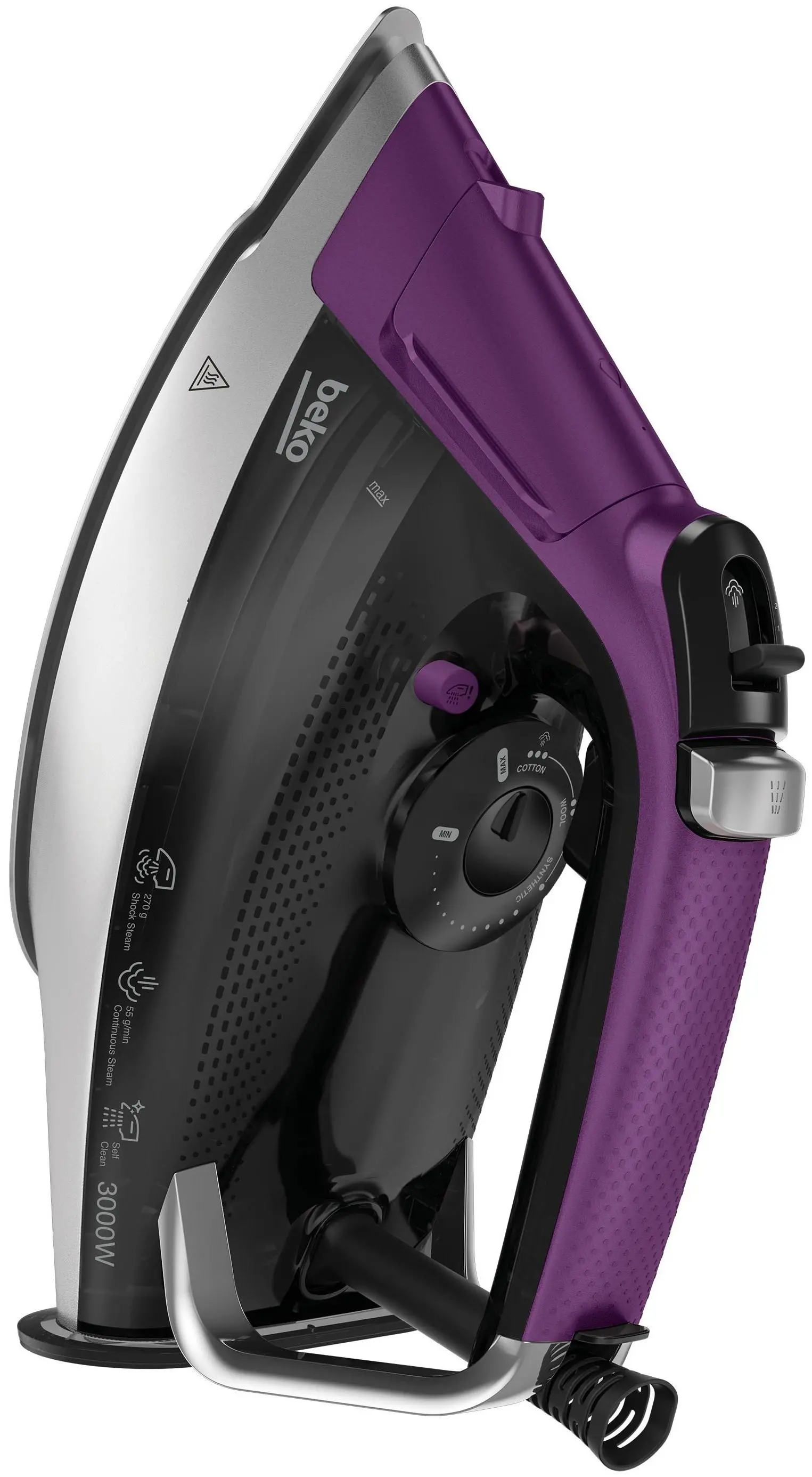 Fioletowo-srebrne żelazko z pokrętłem i detalami.