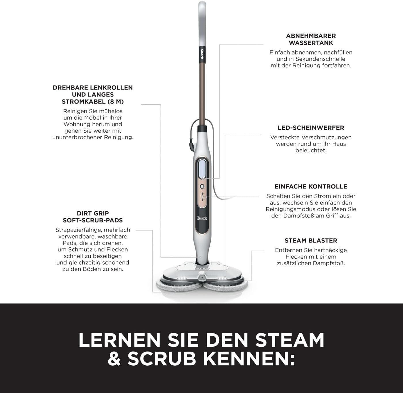 Serpillère vapeur avec texte décrivant des fonctionnalités comme les tampons et l'éjection de vapeur.