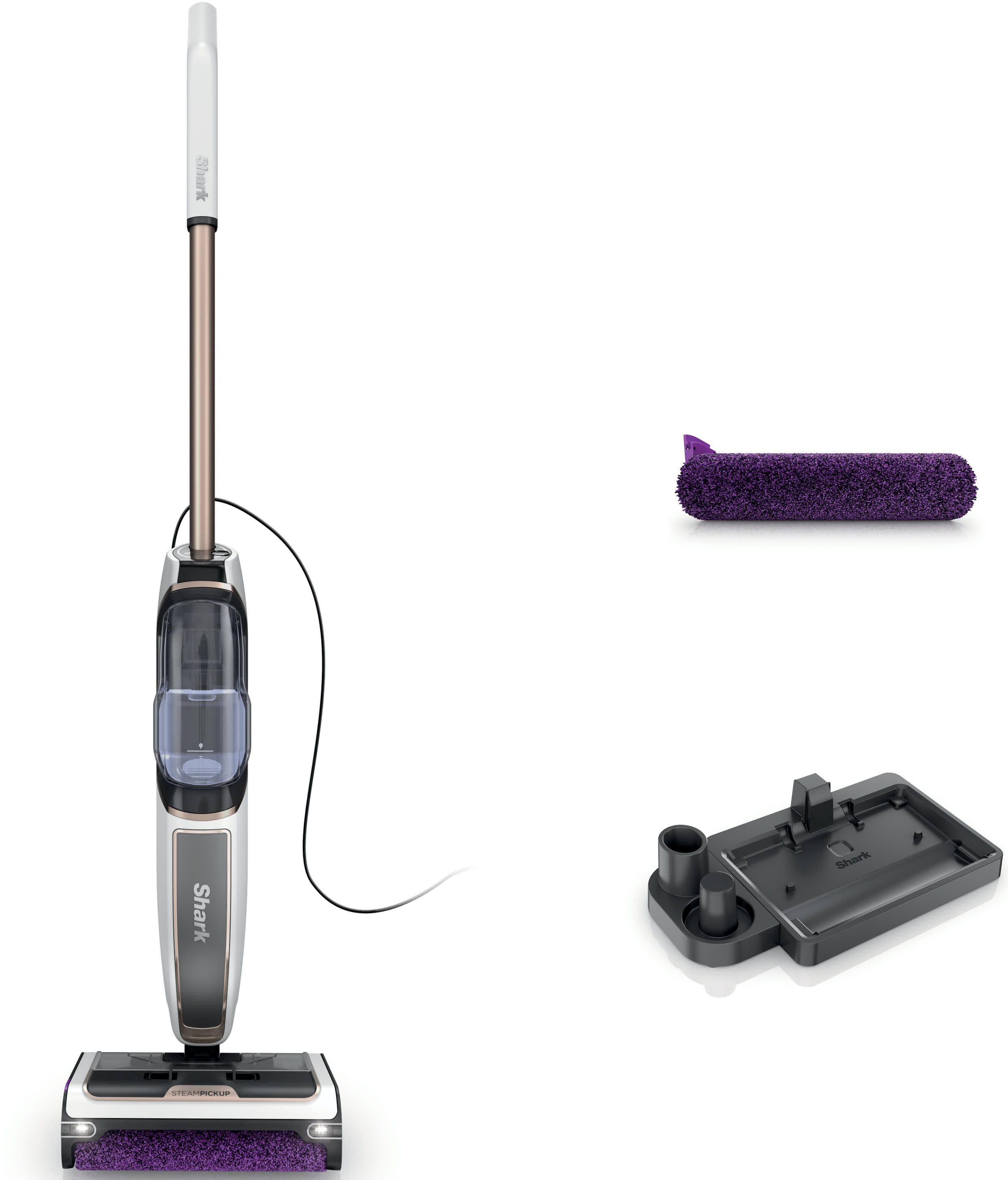 Un balai vapeur avec accessoires. Il a un tampon de nettoyage violet et une base noire. Fond blanc.