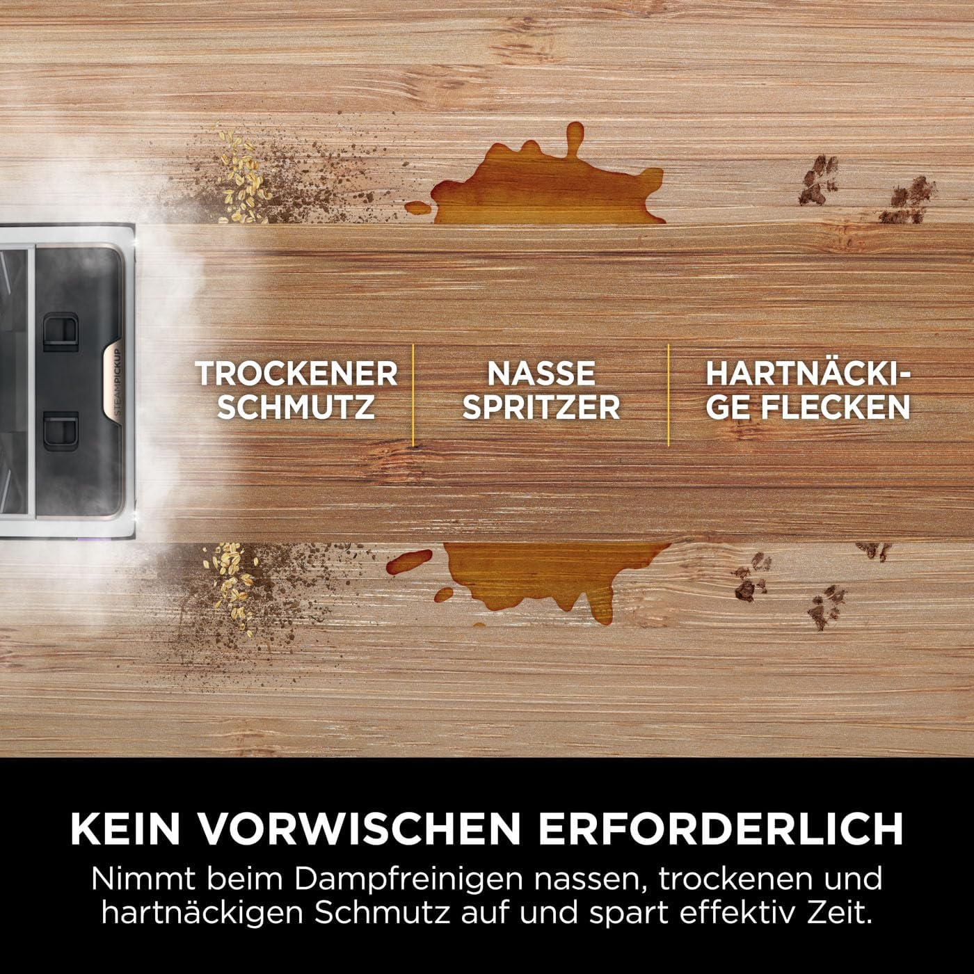 Aspirateur robot blanc qui nettoie le sol en bois. Texte en haut : « Trockener Schmutz, Nasse Spritzer, Hartnäckige Flecken »