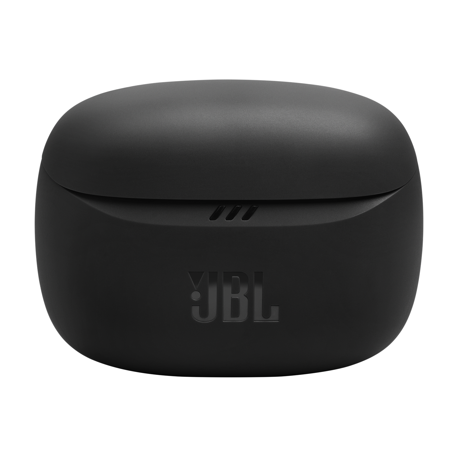 Ön tarafında JBL logosu bulunan siyah JBL kulaklık şarj kutusu. Kutu kapalıdır.