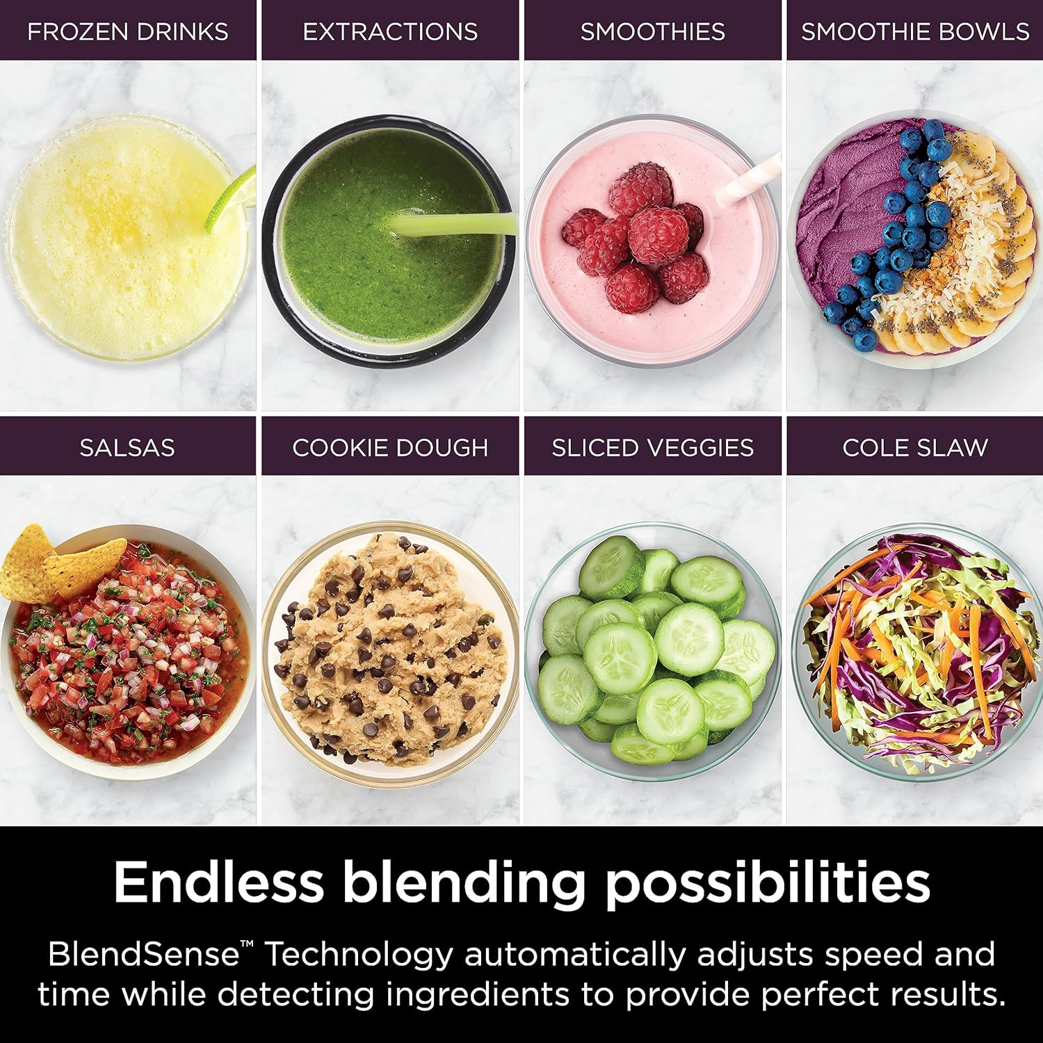 Verschiedene Gerichte mit verschiedenen Lebensmitteln, darunter Smoothies und Salate.