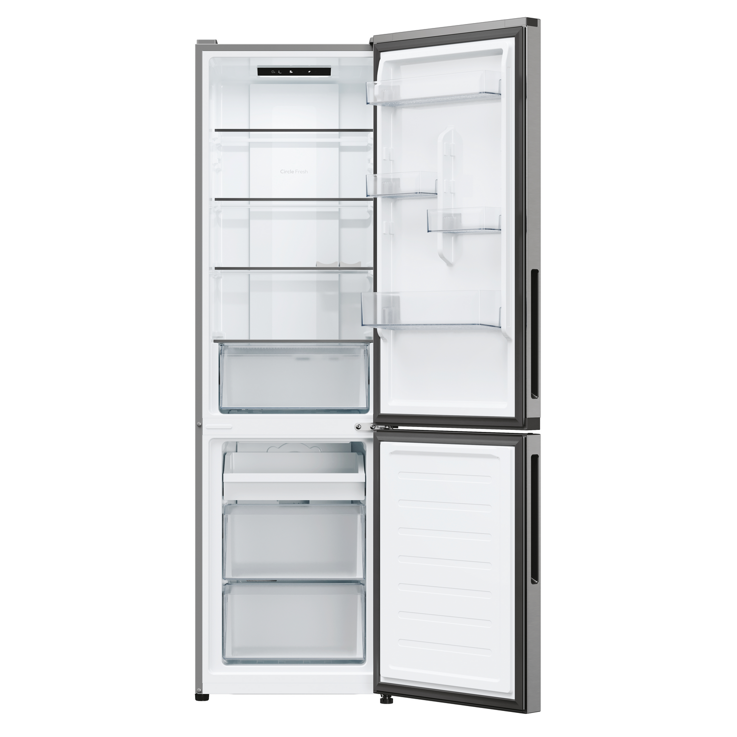 Refrigerador abierto con múltiples estantes y cajones, vacío por dentro. La puerta está abierta.