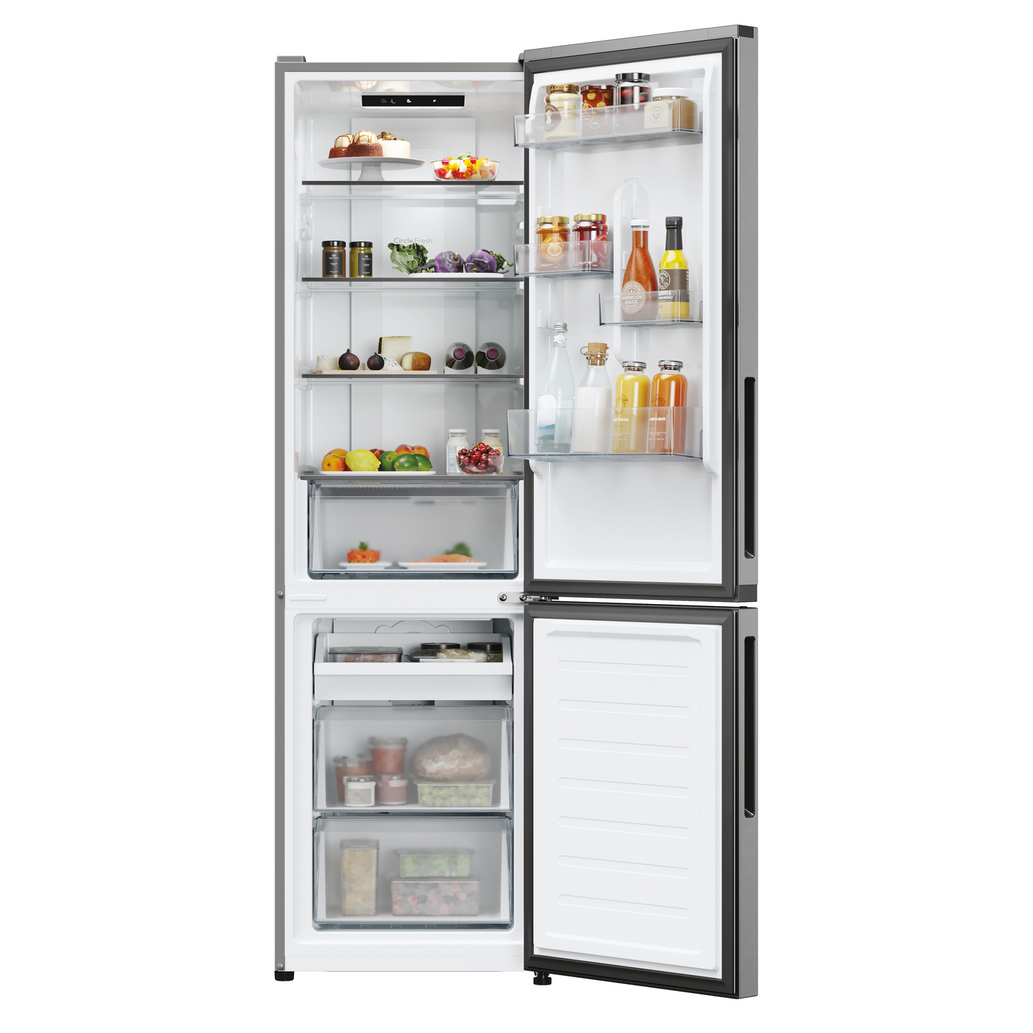 Refrigerador abierto revela alimentos y estantes.