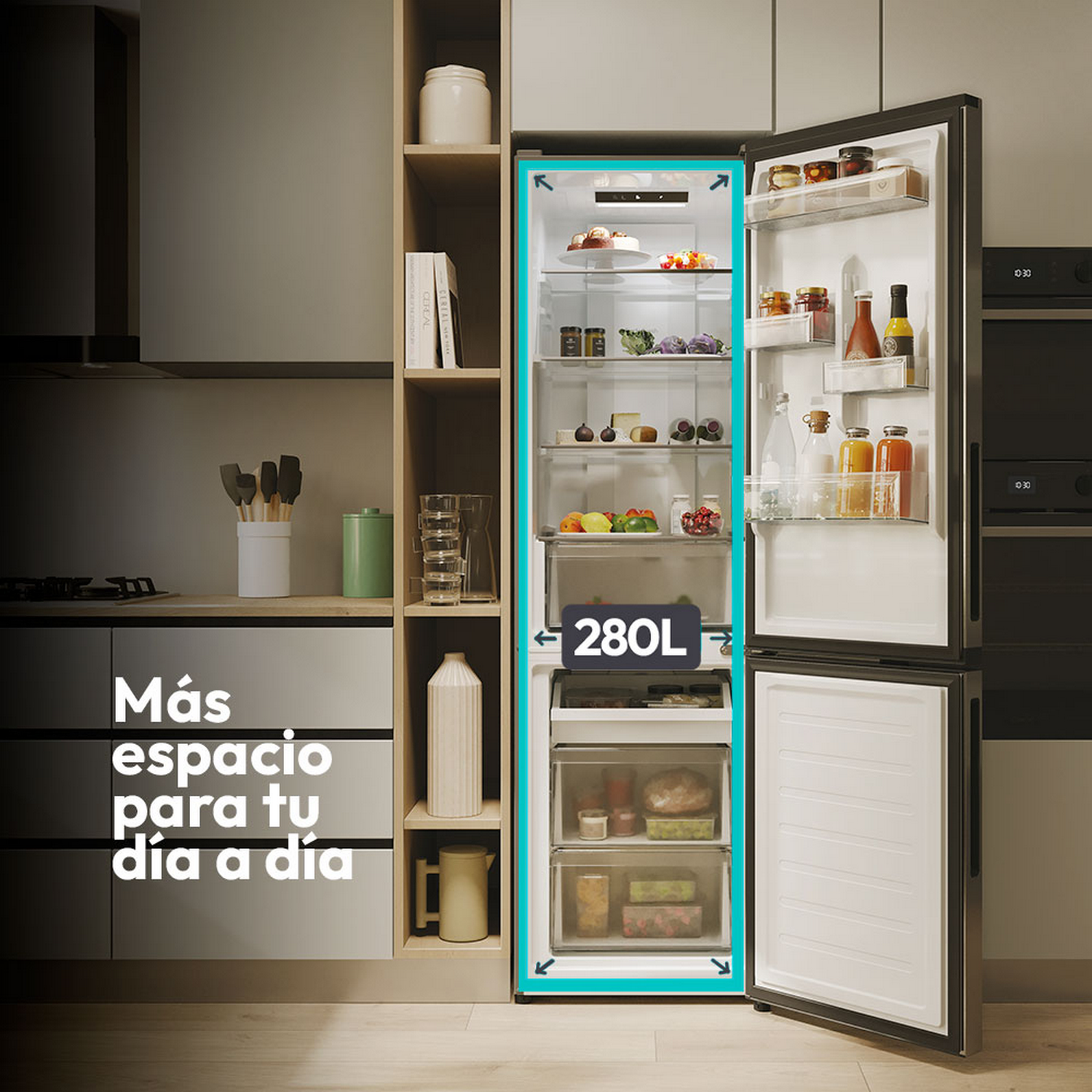 Refrigerador abierto en un entorno de cocina.