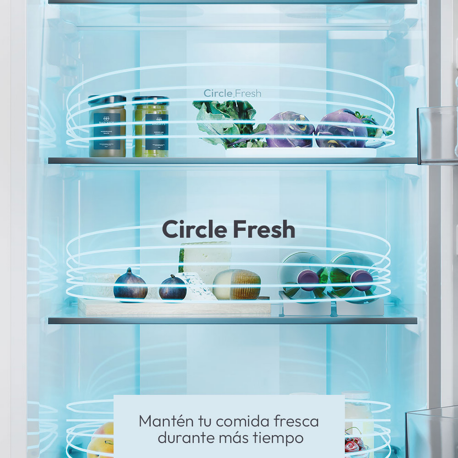 Interior de refrigerador con estantes, mostrando verduras, queso y frascos de comida.