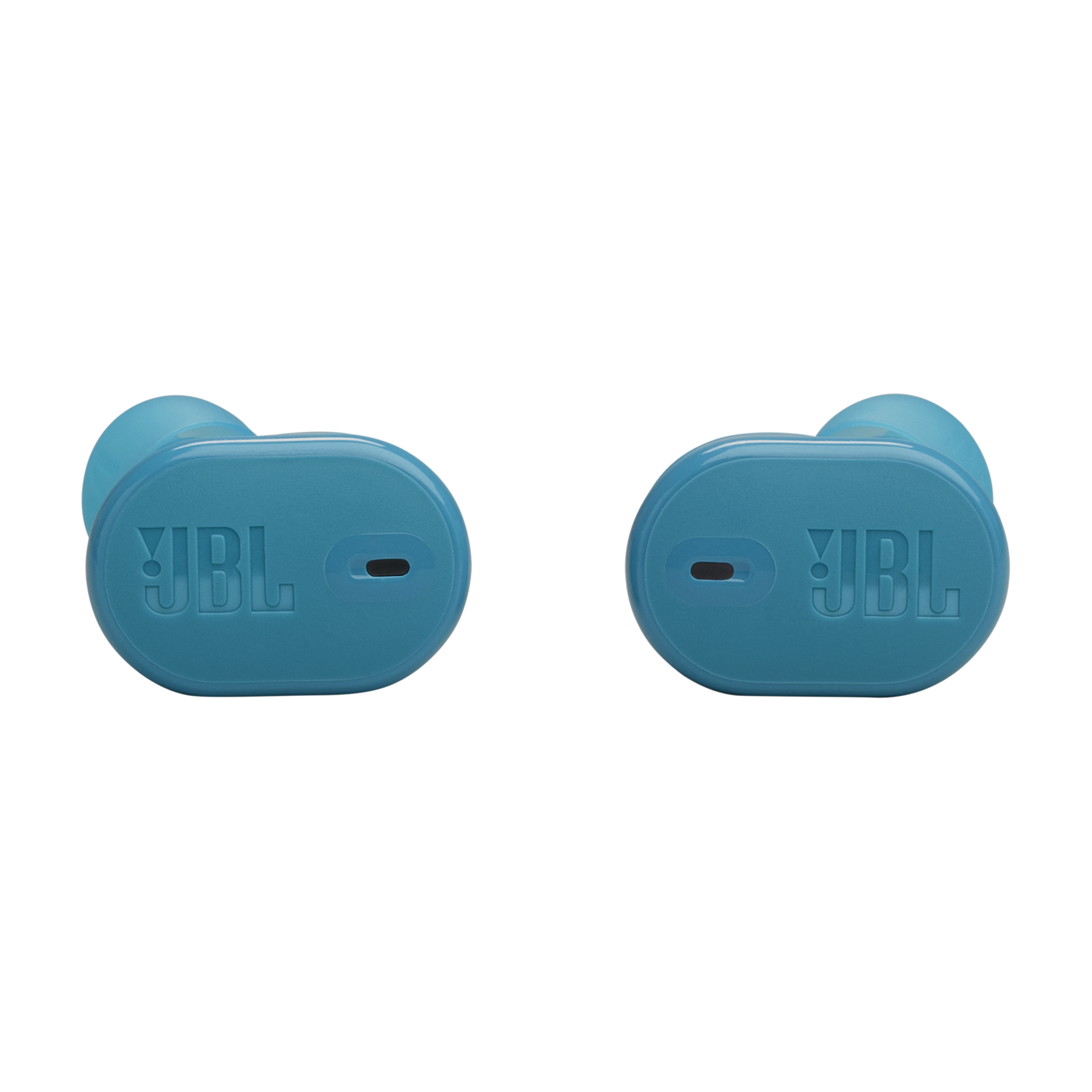 Siyah arka planda iki açık mavi JBL kulaklık, JBL logosunu gösteriyor.