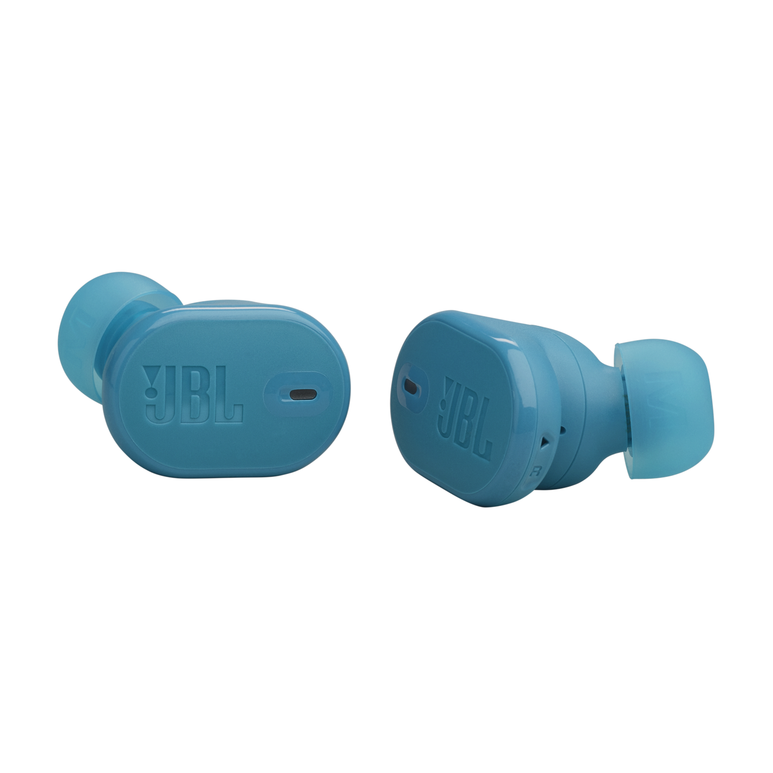 Siyah arka planda iki açık mavi JBL kulaklık, JBL logosu görünür.