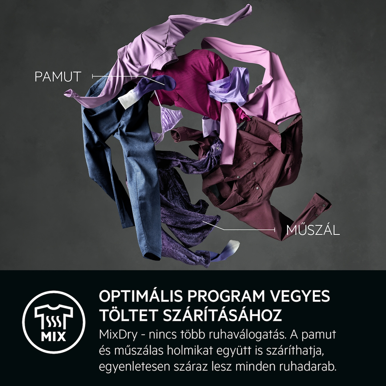Ruhák egy szárítógépben. Különböző színekben. Feliratozva: pamut, vegyes anyagok.