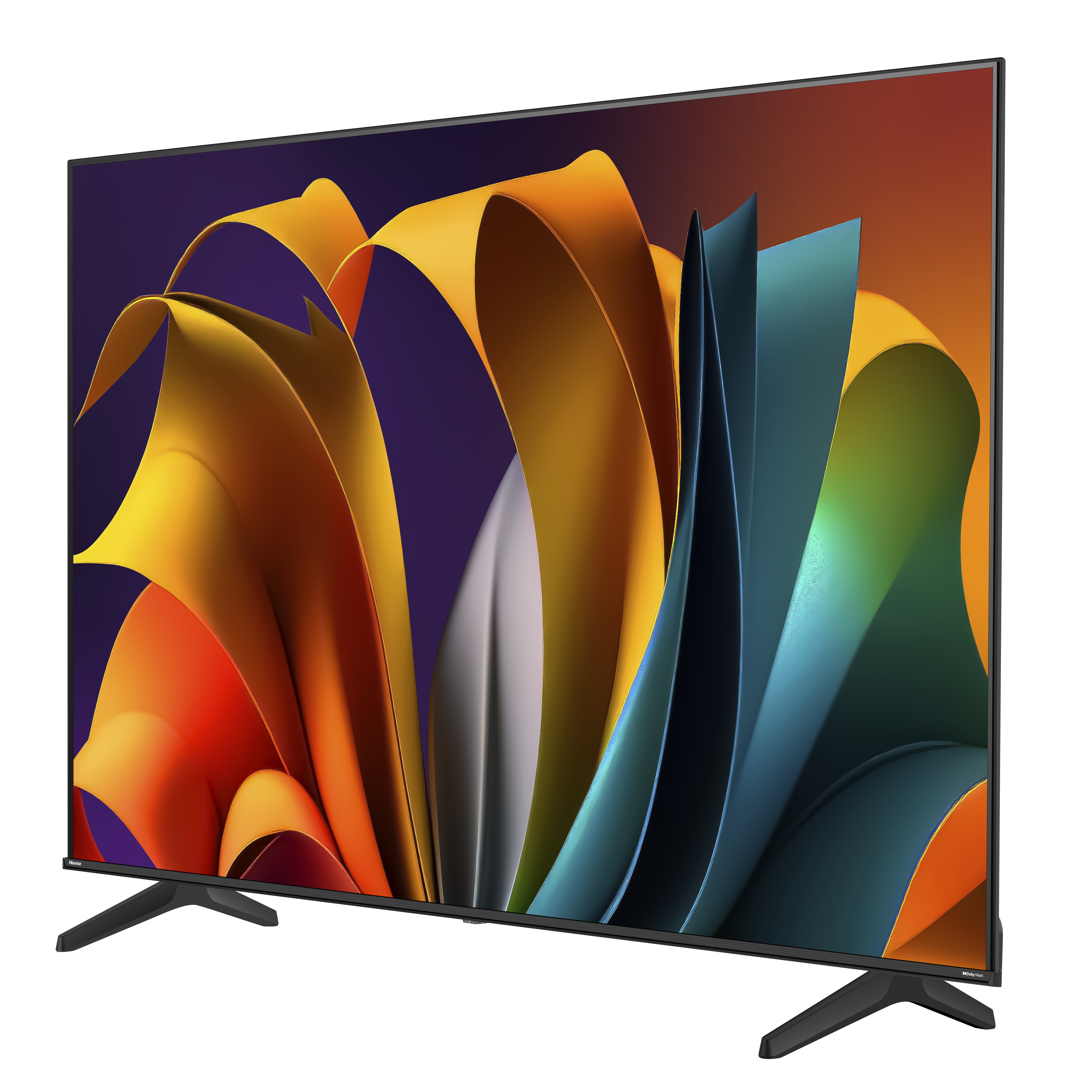 Hisense-Fernseher mit farbenfroher abstrakter Anzeige, schräge Ansicht.
