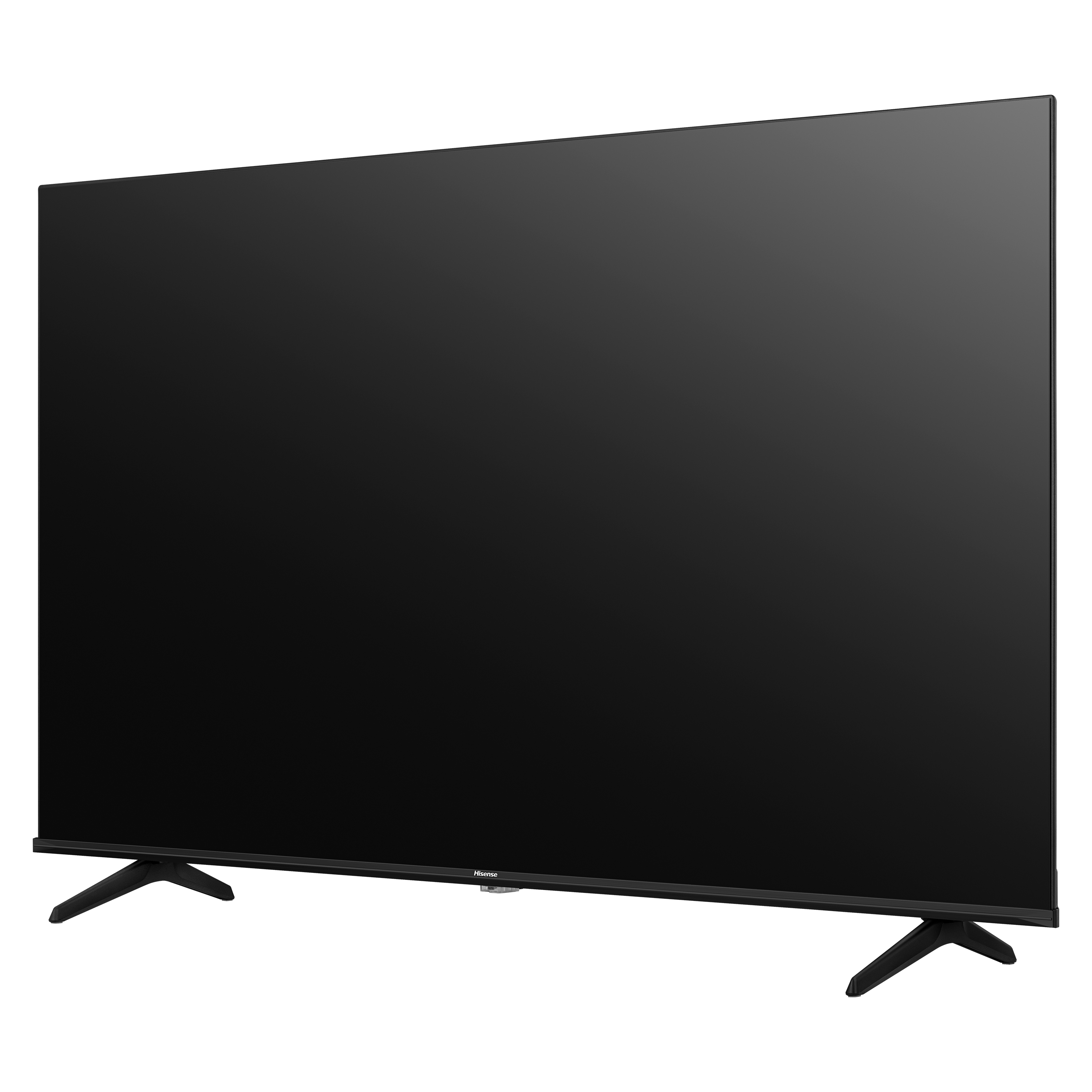 Schwarzer Flachbildfernseher mit Ständern, Hisense-Logo.