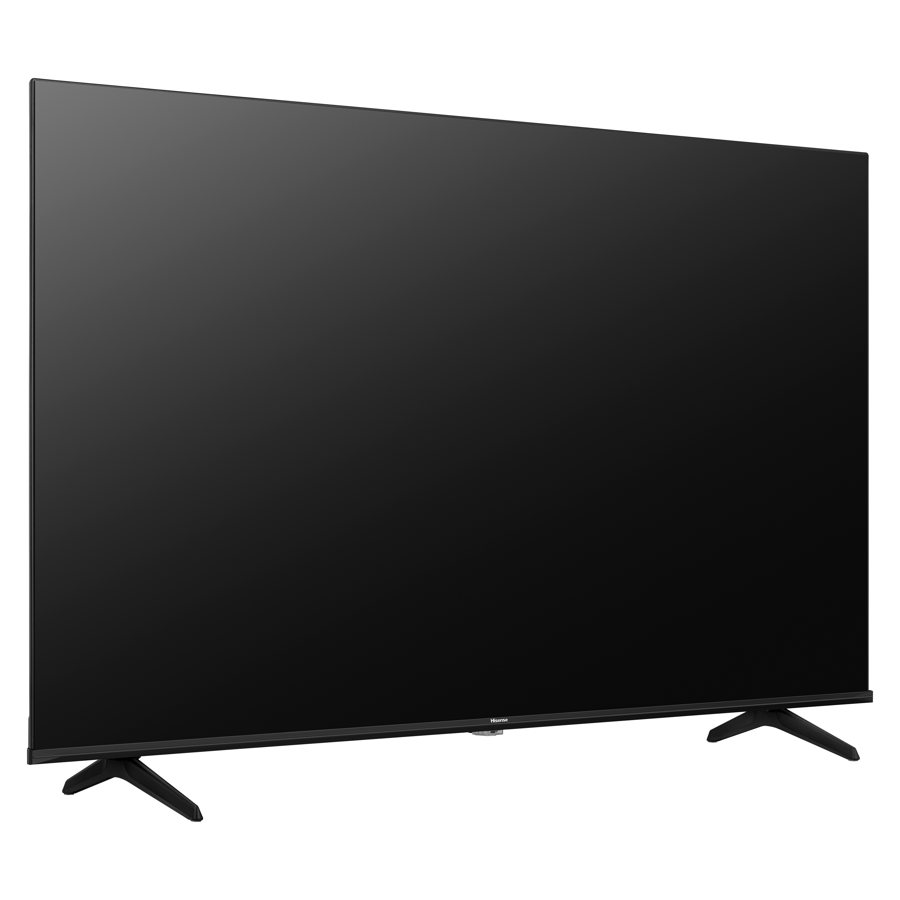 Ein Hisense-Fernseher wird aus einem Winkel gezeigt, mit seinem Bildschirm auf schwarzem Hintergrund.