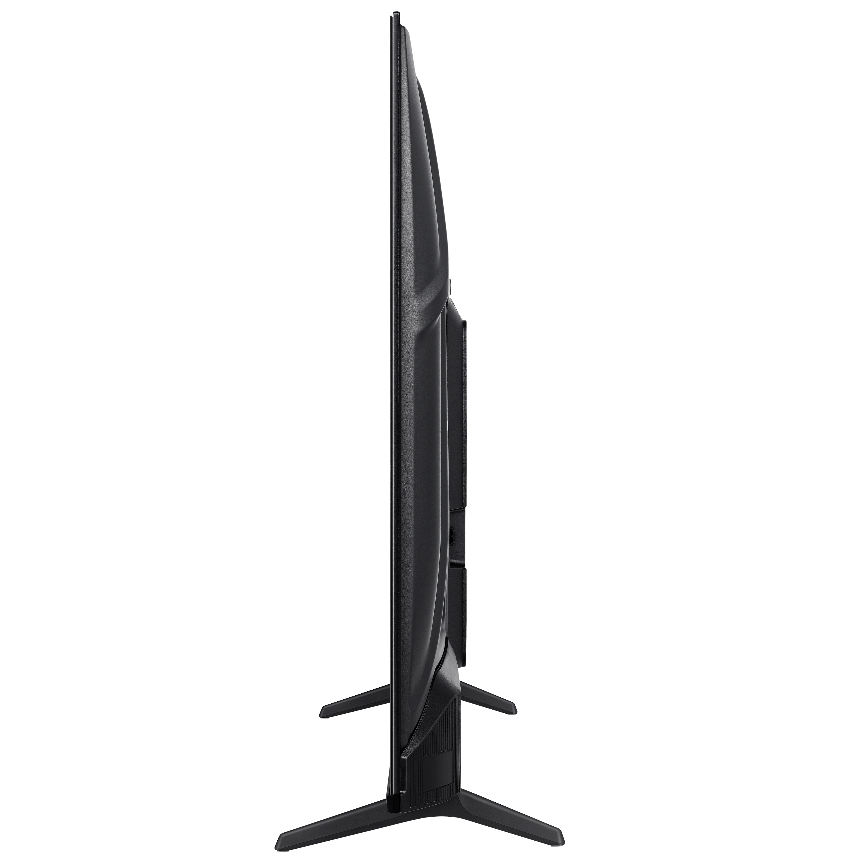 Seitenansicht eines schwarzen Hisense-Fernsehers mit schwarzen Beinen, schlankes Profil.