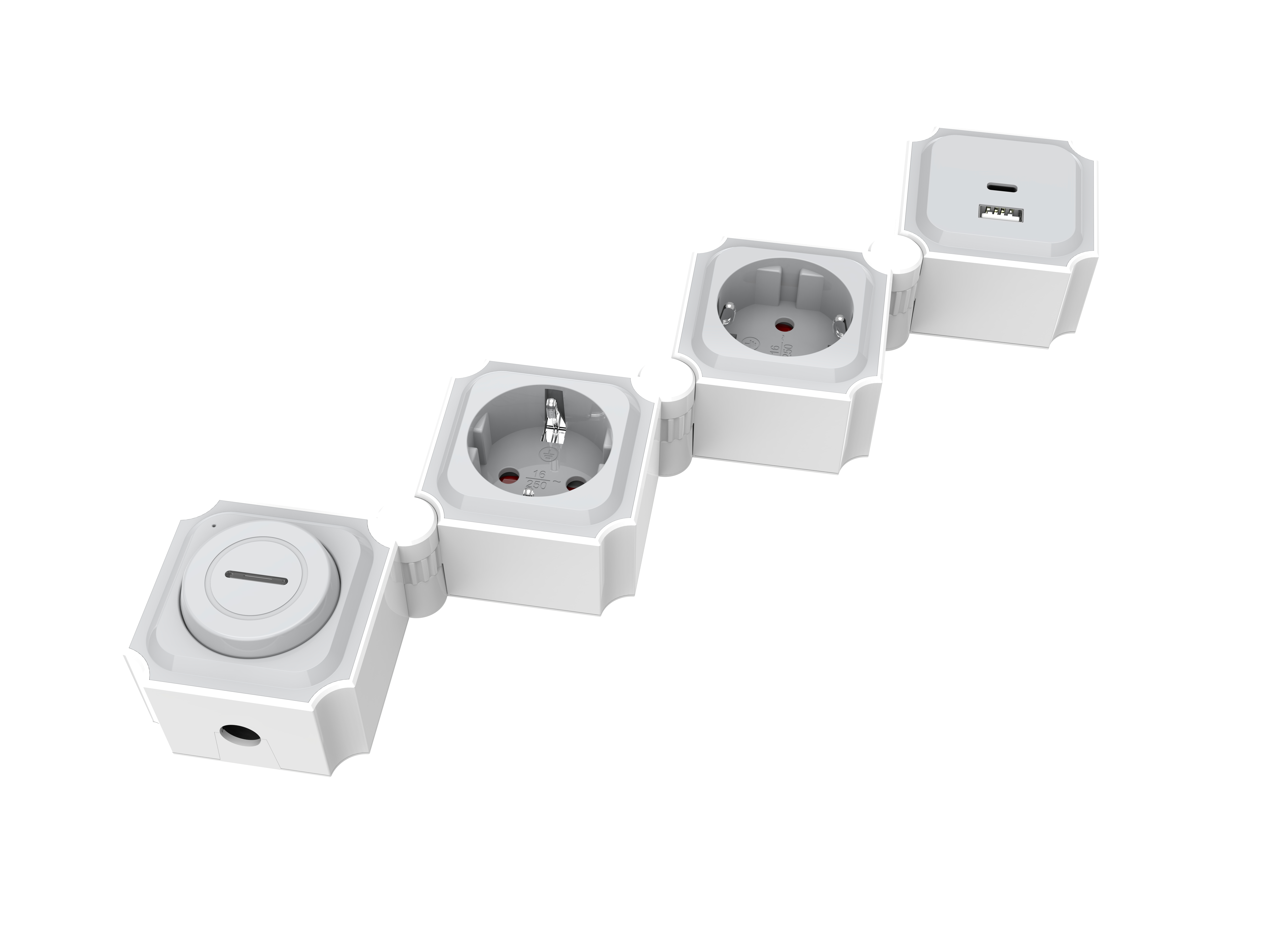Vier weiße Steckdosen miteinander verbunden. Eine Steckdose hat einen USB-Anschluss. Alles auf weißem Hintergrund.