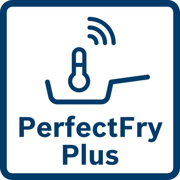 Quadratisches blau-weißes Icon mit den Worten PerfectFry Plus und einem Pfannen-Icon mit Thermometer.