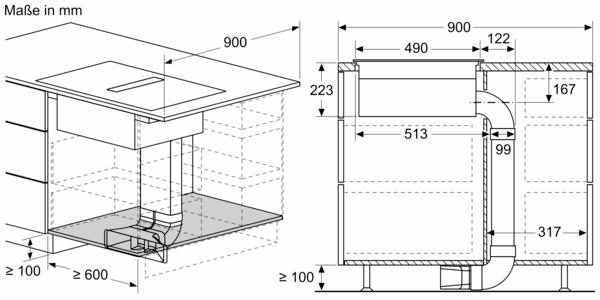 Diagramm eines Küchengeräts mit Abmessungen in Millimetern.