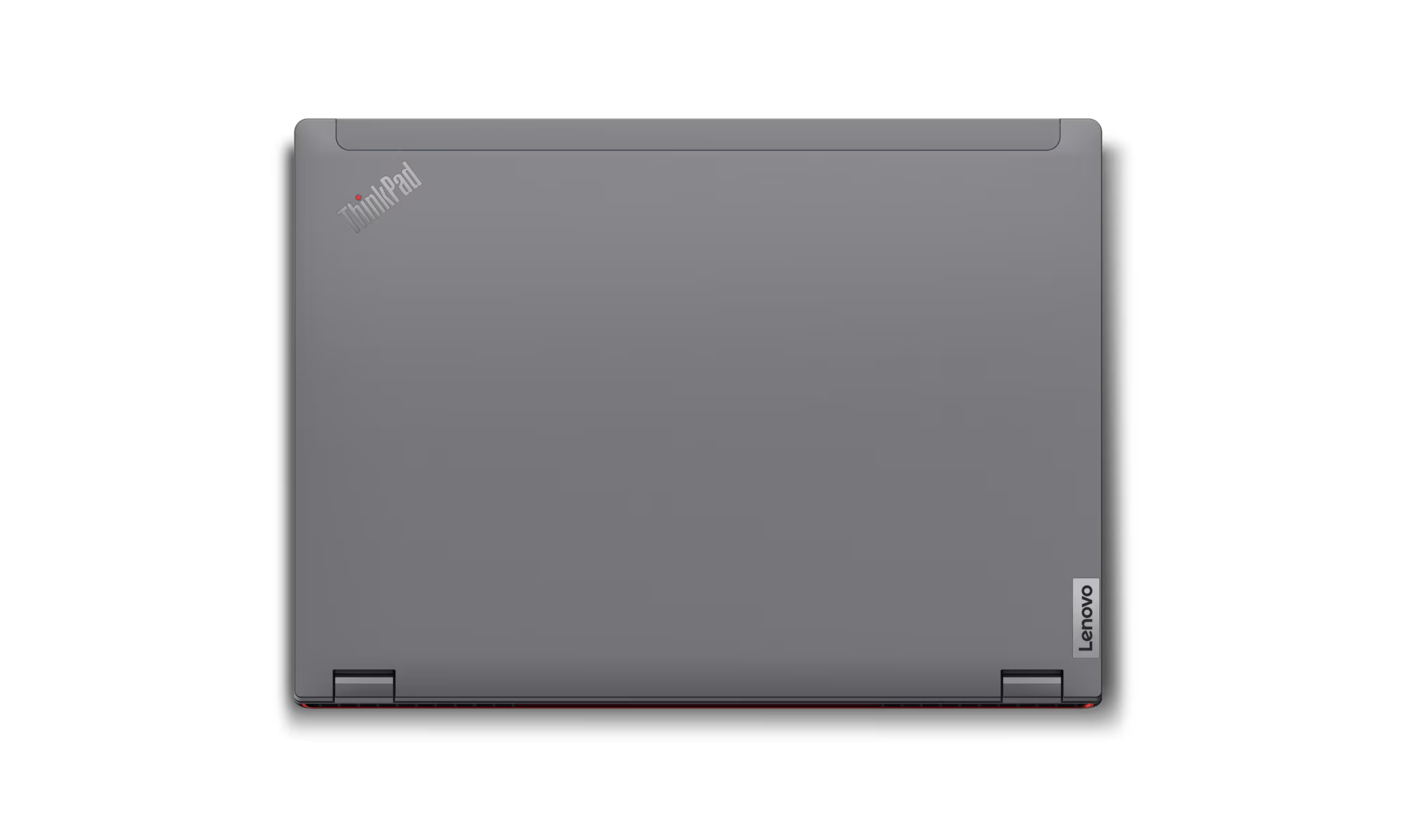 Vista superior de un portátil gris, con una línea roja y los logotipos ThinkPad y Lenovo.