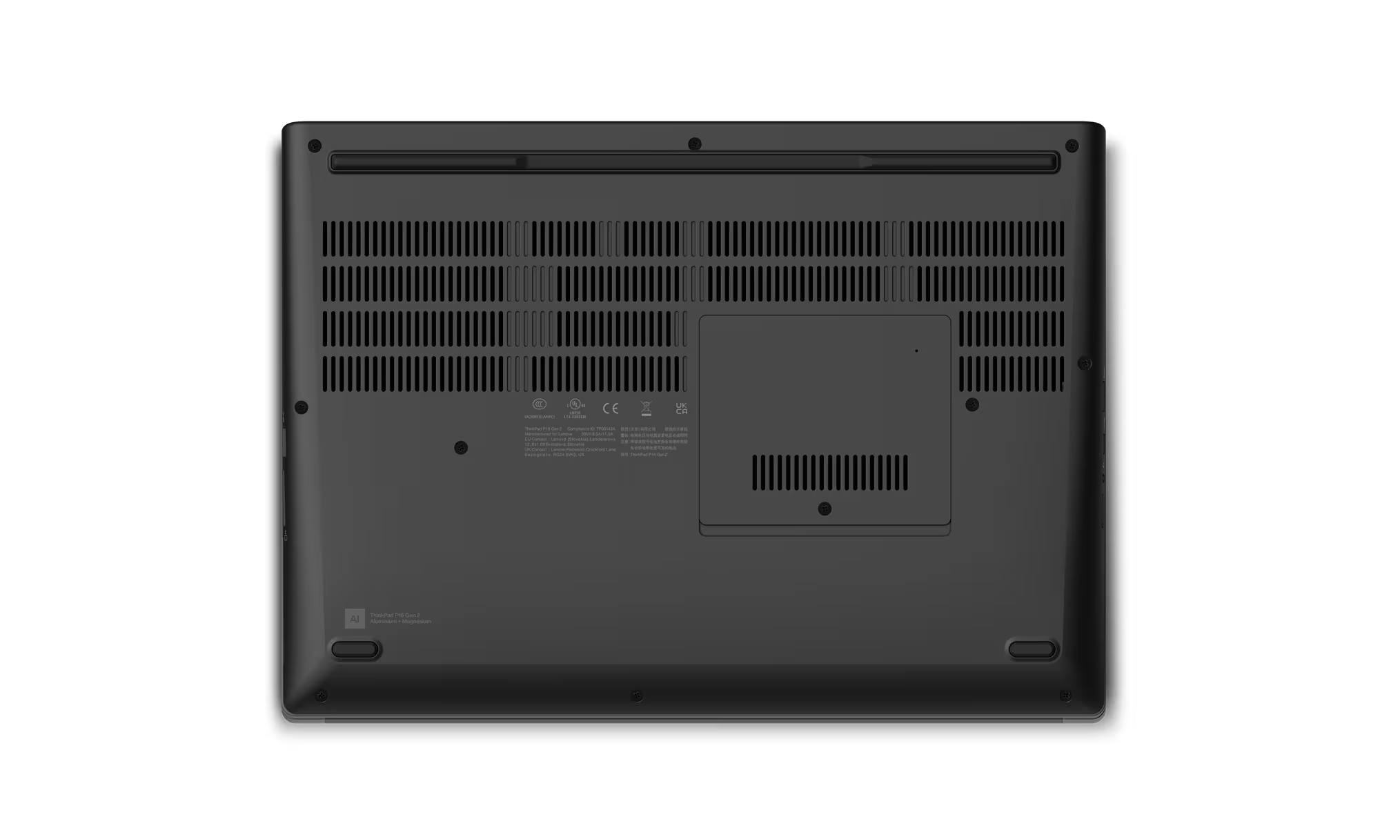 La parte inferior de una computadora portátil gris que muestra ventilaciones, etiquetas y puertos en negro.